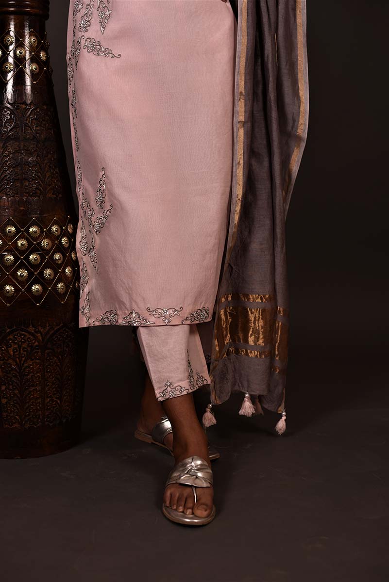 Lemonade Pink Color Lemonade Silk Chanderi Designer Suit Set - Orchid - Naksheband