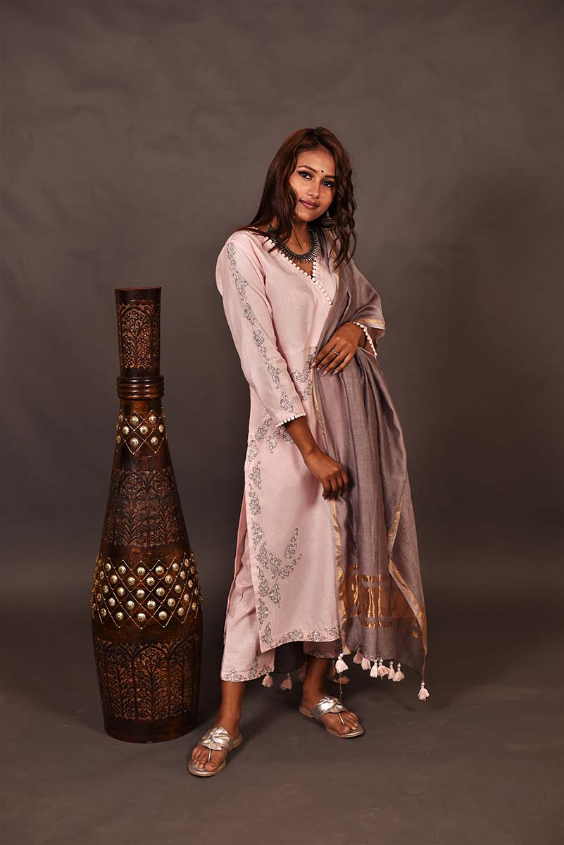 Lemonade Pink Color Lemonade Silk Chanderi Designer Suit Set - Orchid - Naksheband