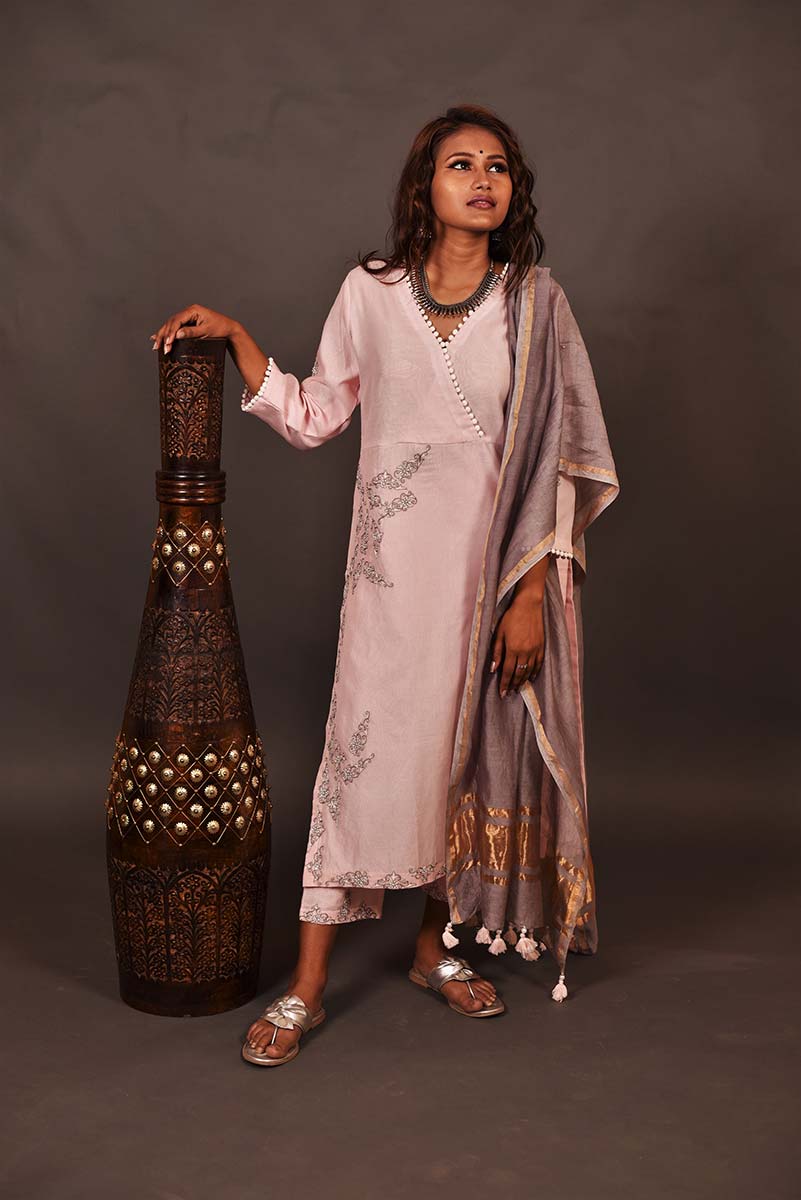 Lemonade Pink Color Lemonade Silk Chanderi Designer Suit Set - Orchid - Naksheband