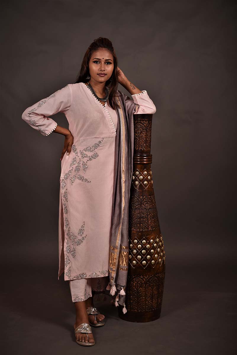 Lemonade Pink Color Lemonade Silk Chanderi Designer Suit Set - Orchid - Naksheband