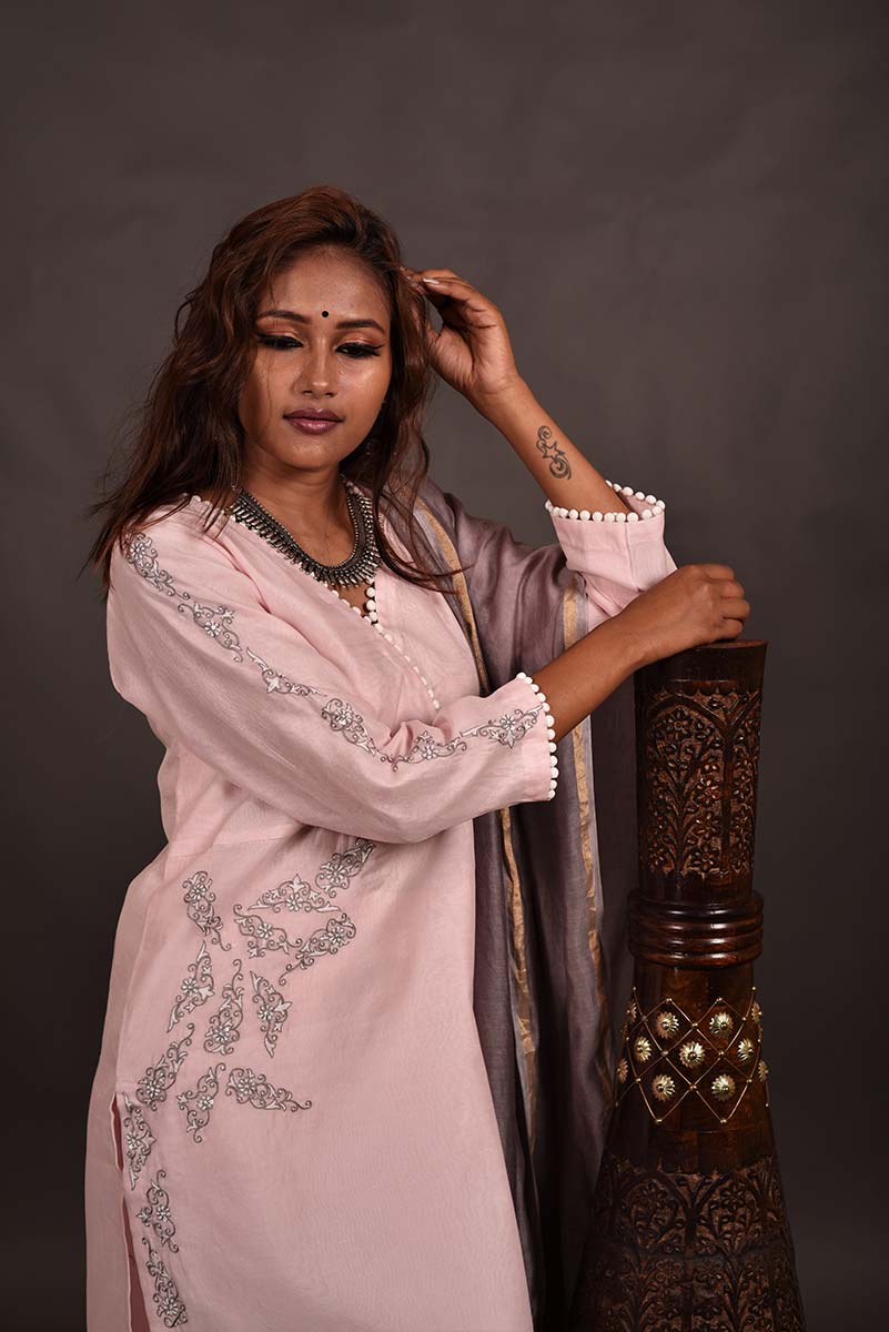 Lemonade Pink Color Lemonade Silk Chanderi Designer Suit Set - Orchid - Naksheband