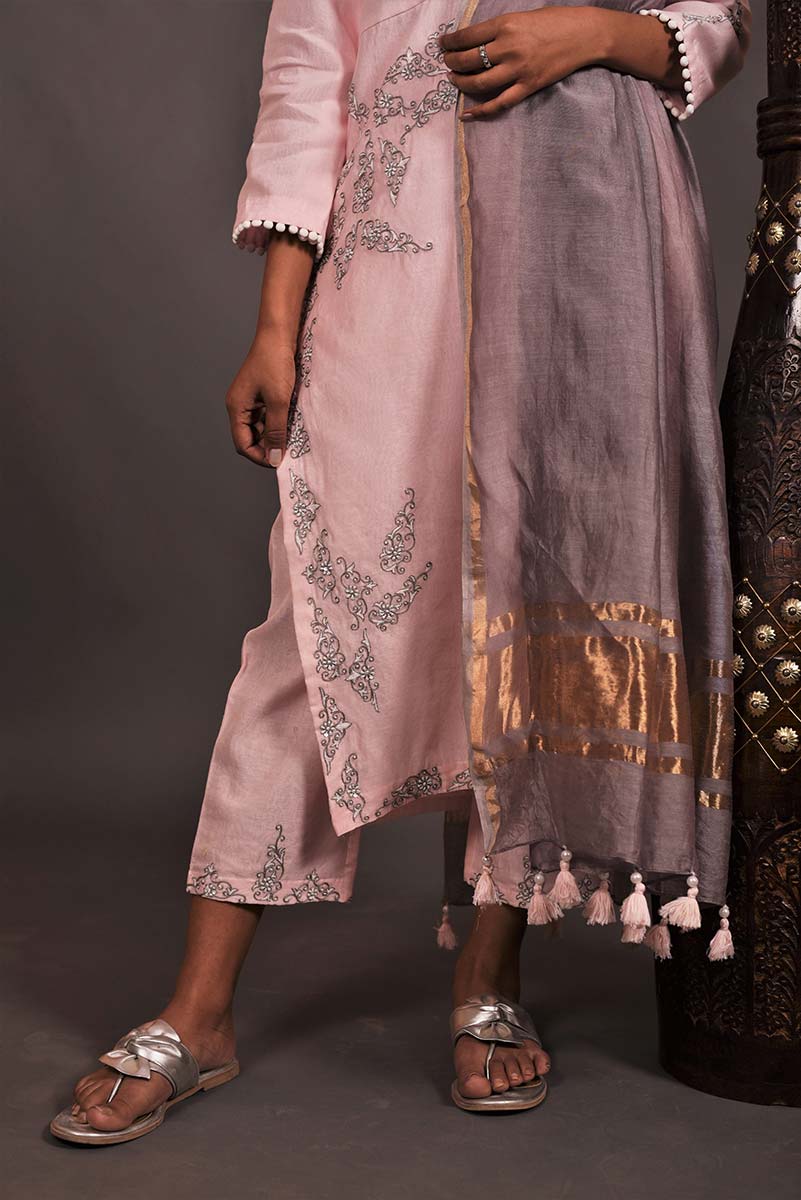 Lemonade Pink Color Lemonade Silk Chanderi Designer Suit Set - Orchid - Naksheband
