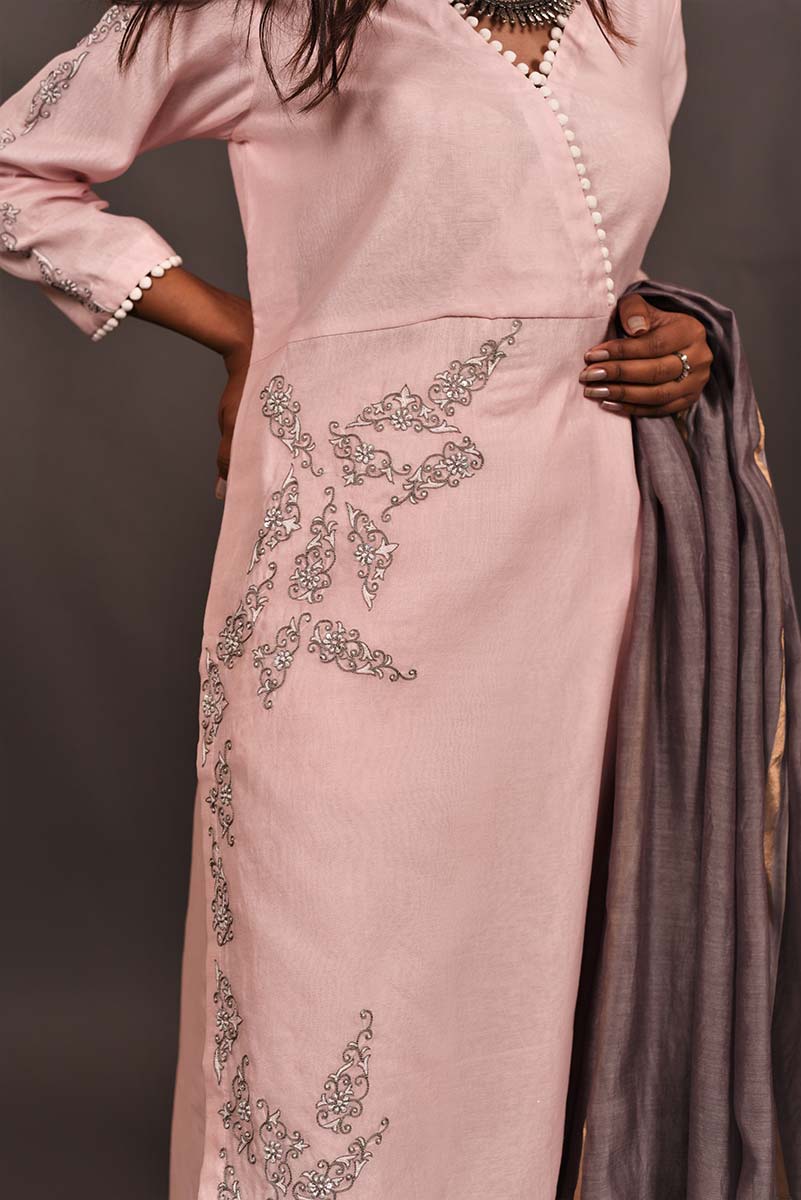 Lemonade Pink Color Lemonade Silk Chanderi Designer Suit Set - Orchid - Naksheband