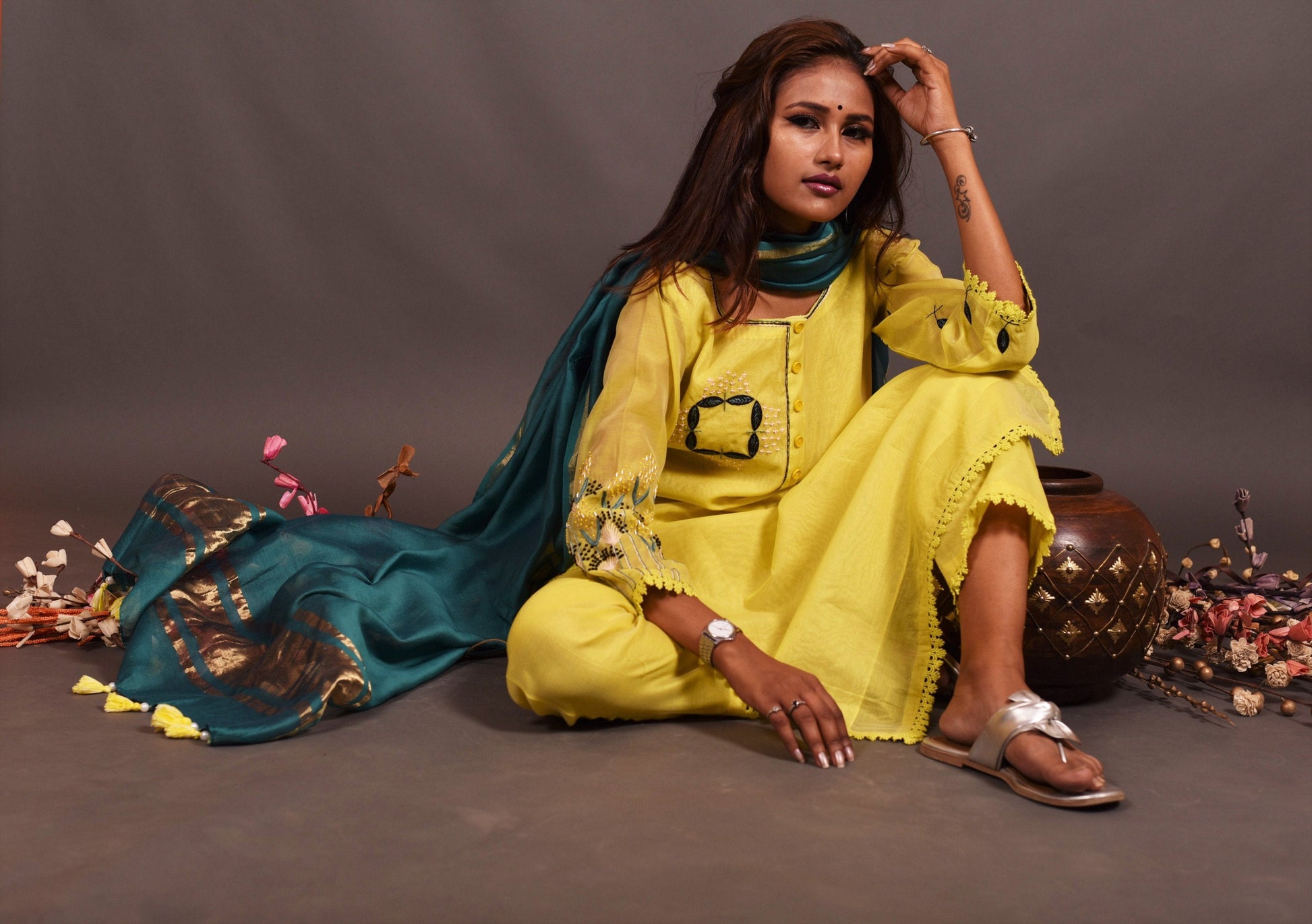 Pineapple Yellow Color Pure Chanderi Silk Suit Set Embroidery  - Calla - Naksheband