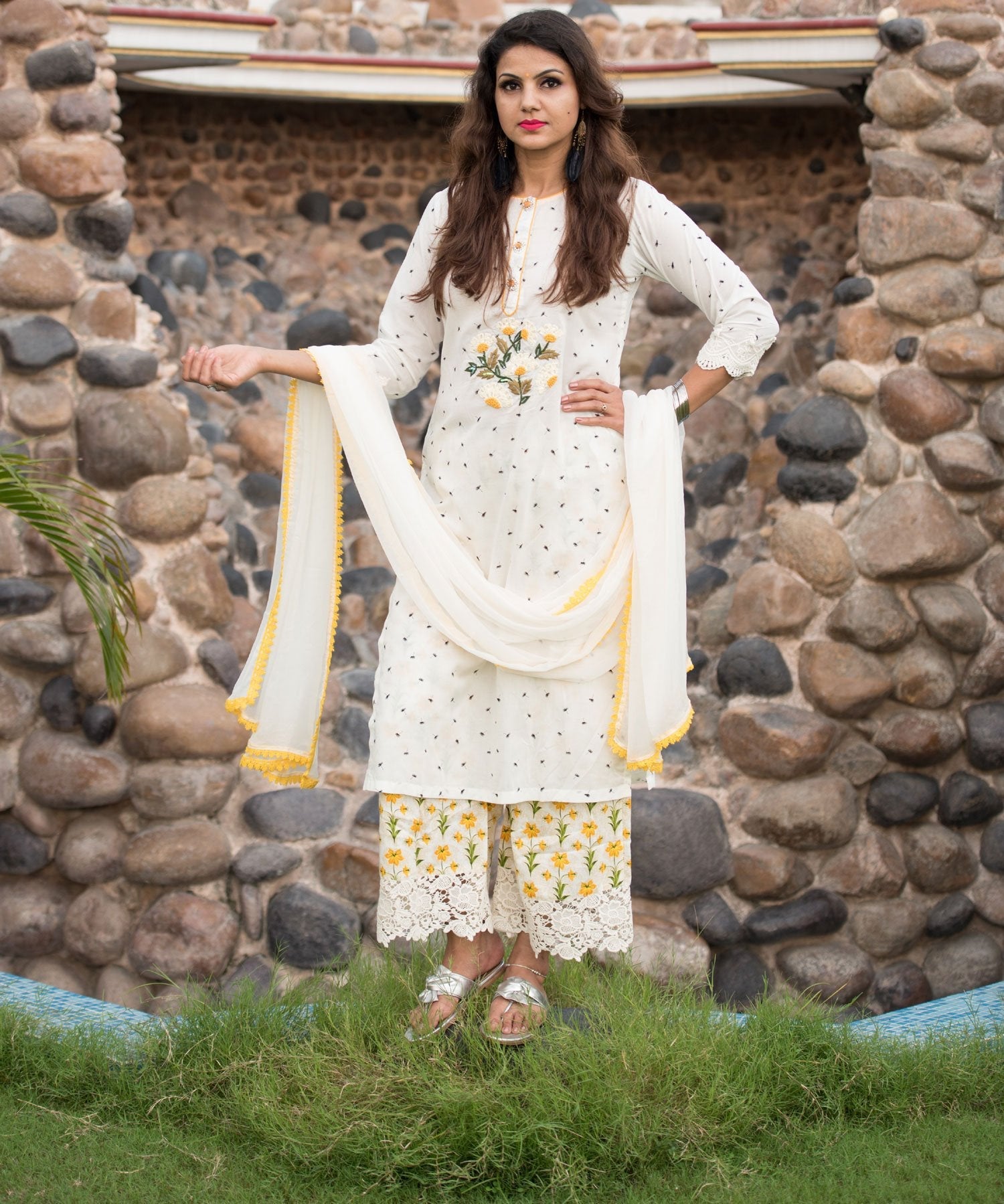 White Color Floral Print Cotton Suit Set Designer - Honey Bunny - Naksheband