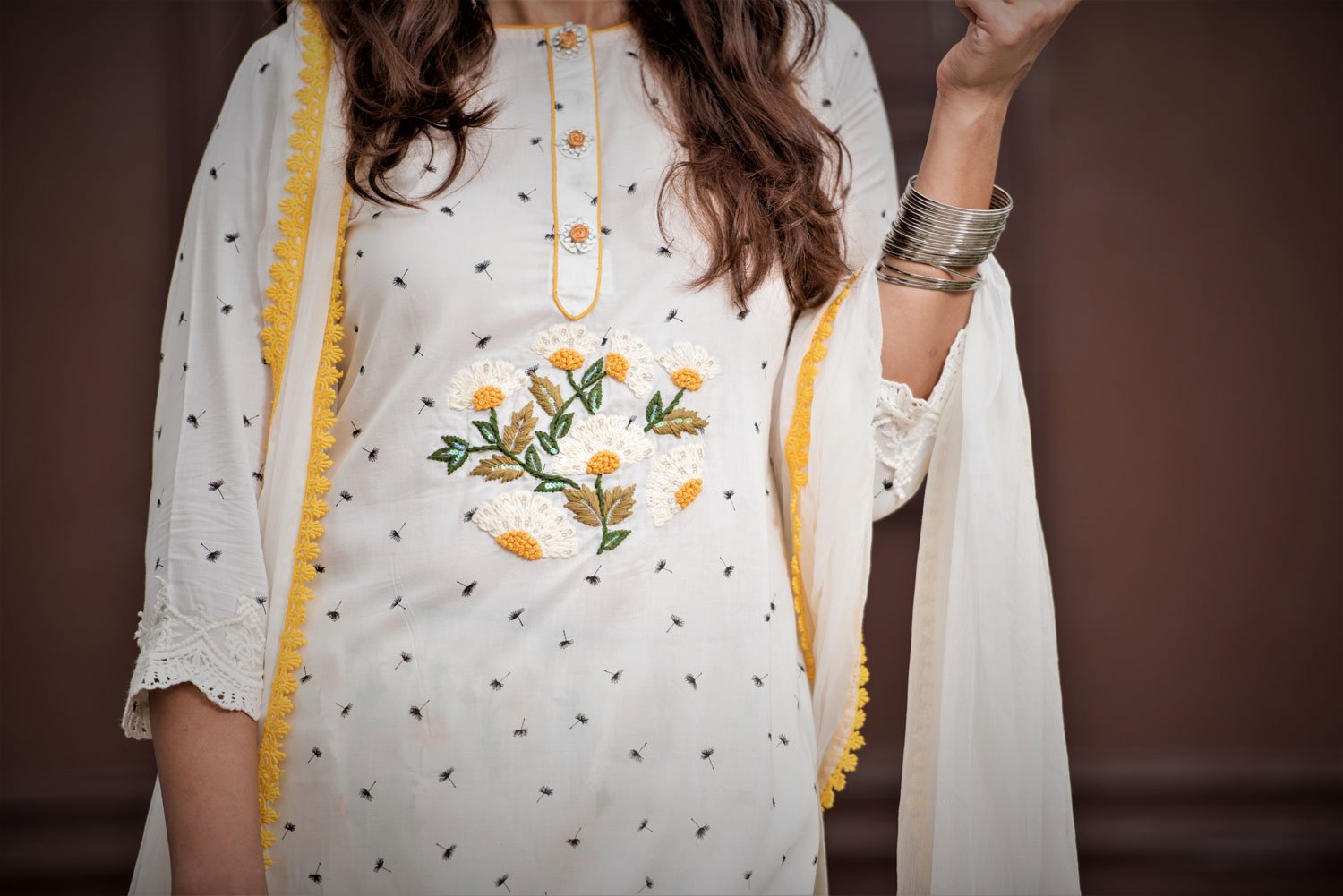 White Color Floral Print Cotton Suit Set Designer - Honey Bunny - Naksheband