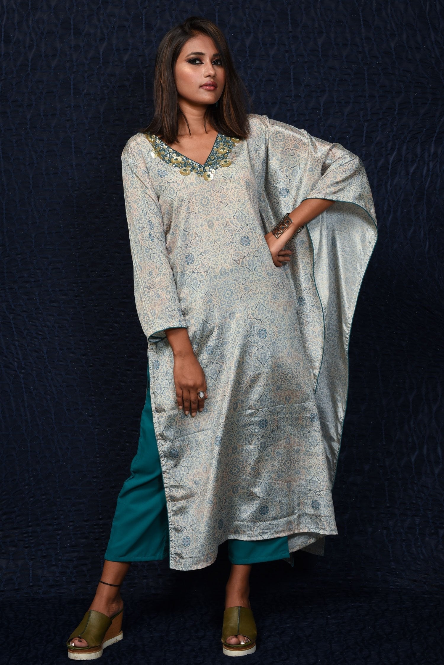 Greyish Blue With Turquoise Color Designer Suit Set - Midnight - Naksheband