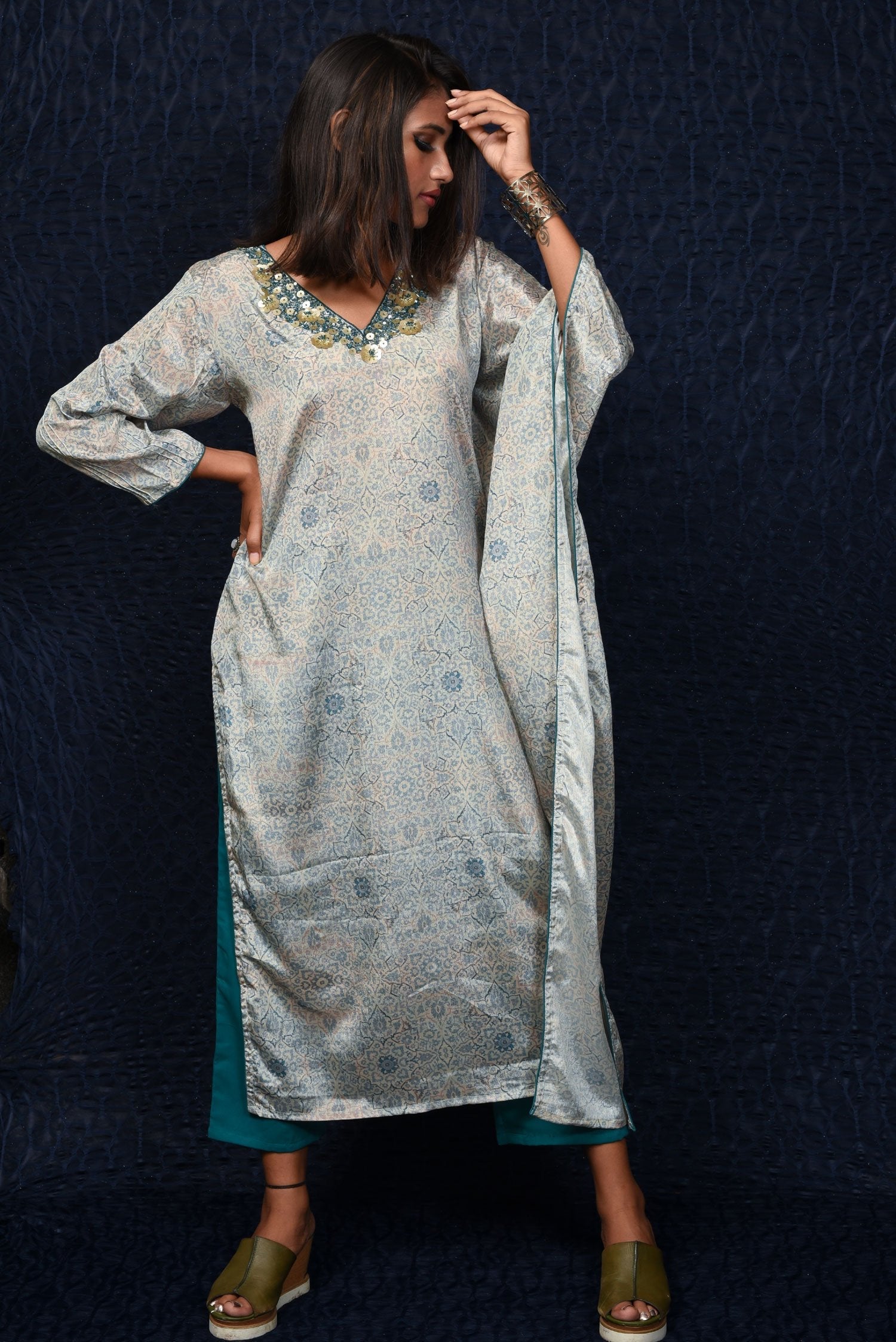 Greyish Blue With Turquoise Color Designer Suit Set - Midnight - Naksheband