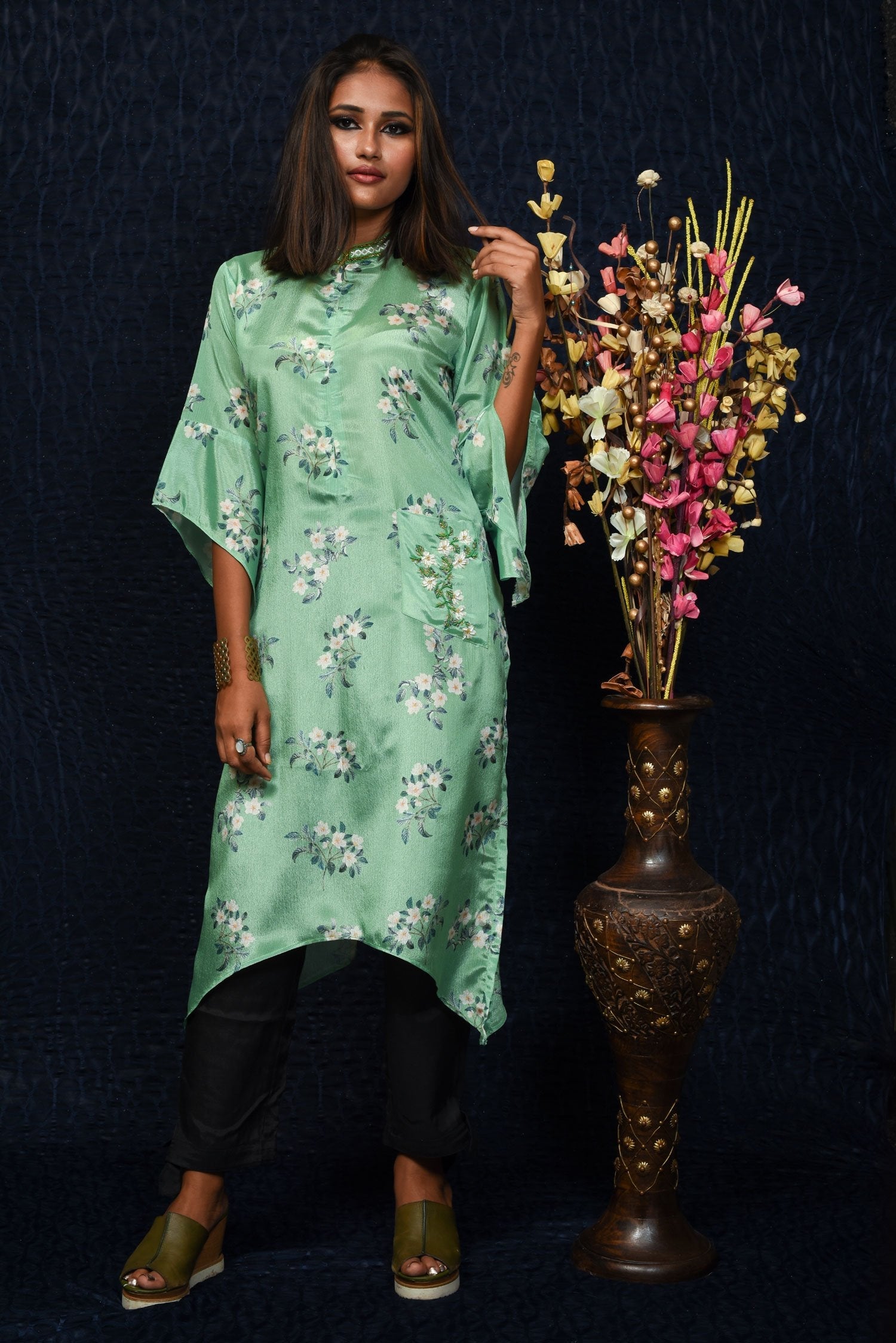 Sea Green Color  With Floral Print Indowestern Designer Kurti - Naksheband
