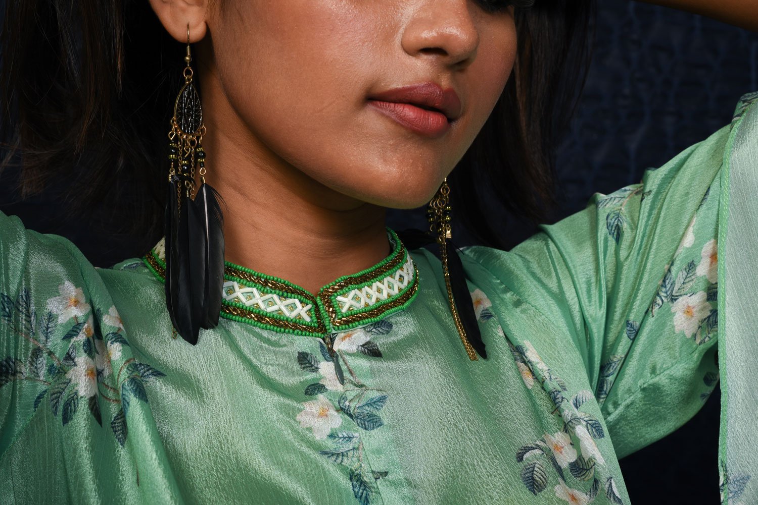 Sea Green Color  With Floral Print Indowestern Designer Kurti - Naksheband