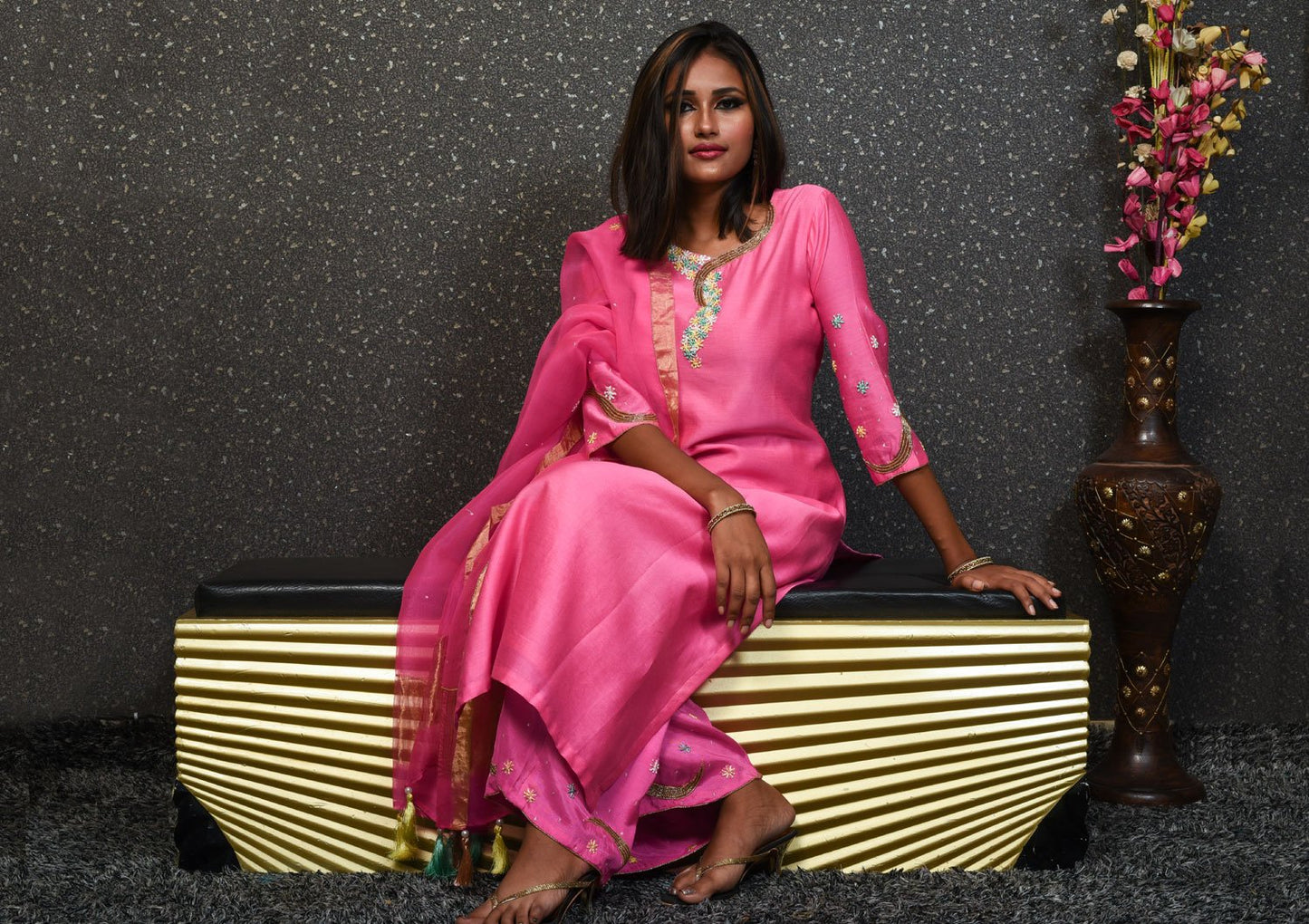 Pure Chanderi Silk Suit Set Designer - Razzle Rose - Naksheband