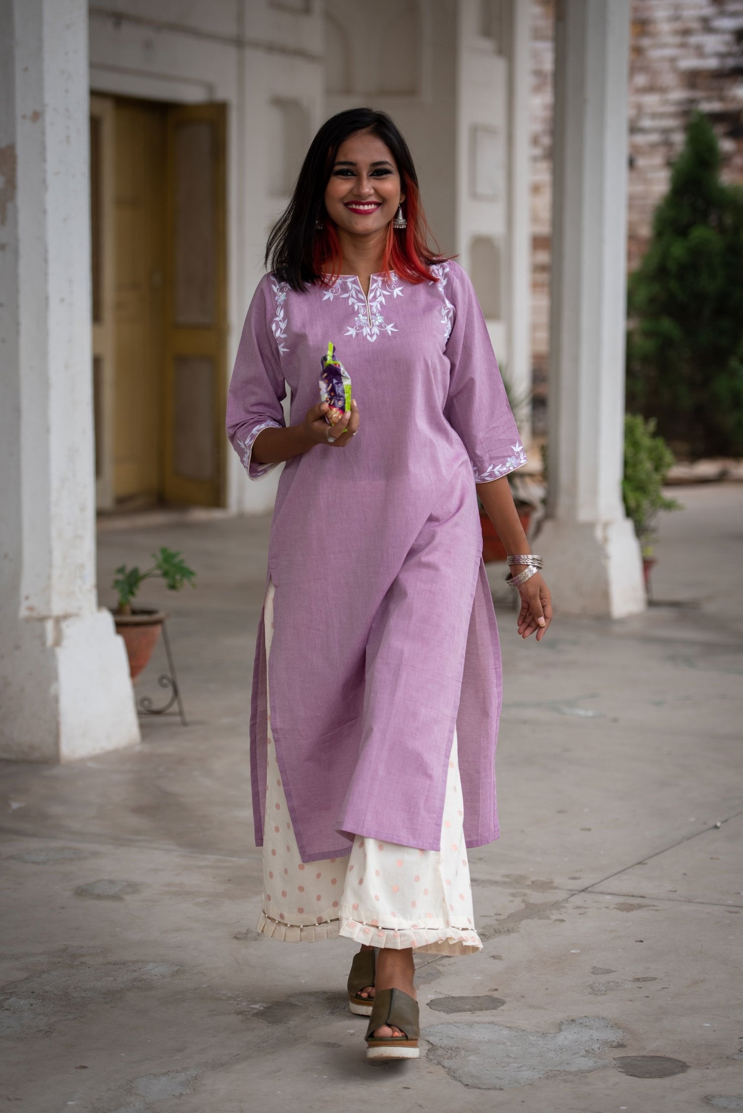 Off White And Irris Color Cotton Suit Set Designer - Wisteria - Naksheband