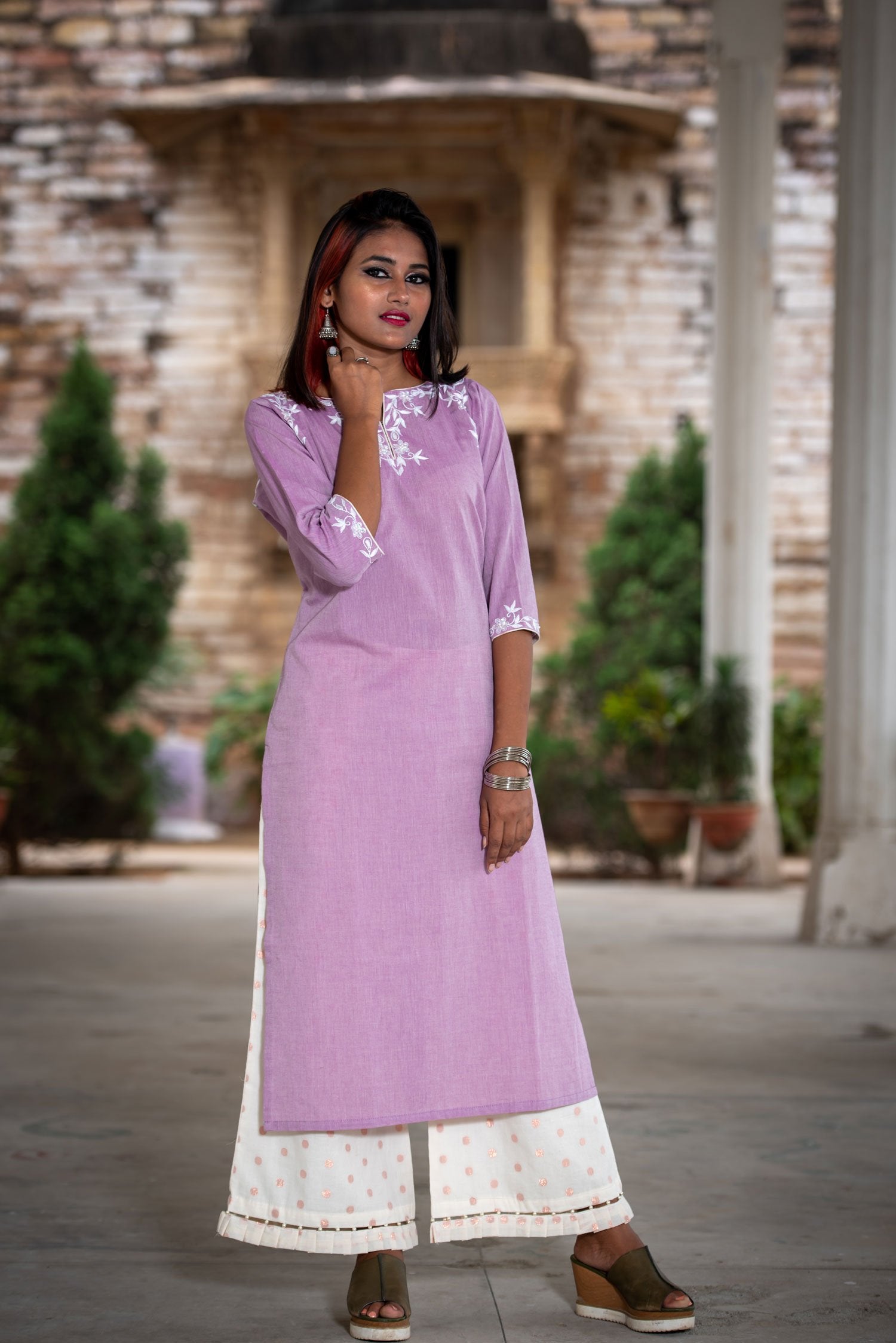 Off White And Irris Color Cotton Suit Set Designer - Wisteria - Naksheband
