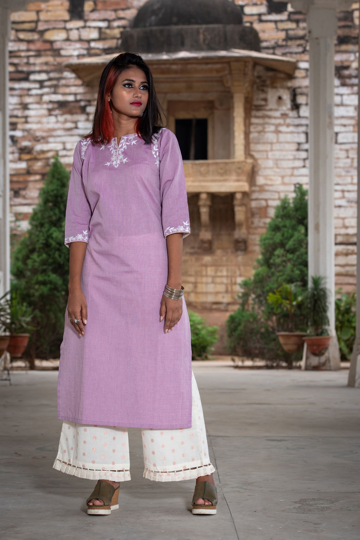 Off White And Irris Color Cotton Suit Set Designer - Wisteria - Naksheband
