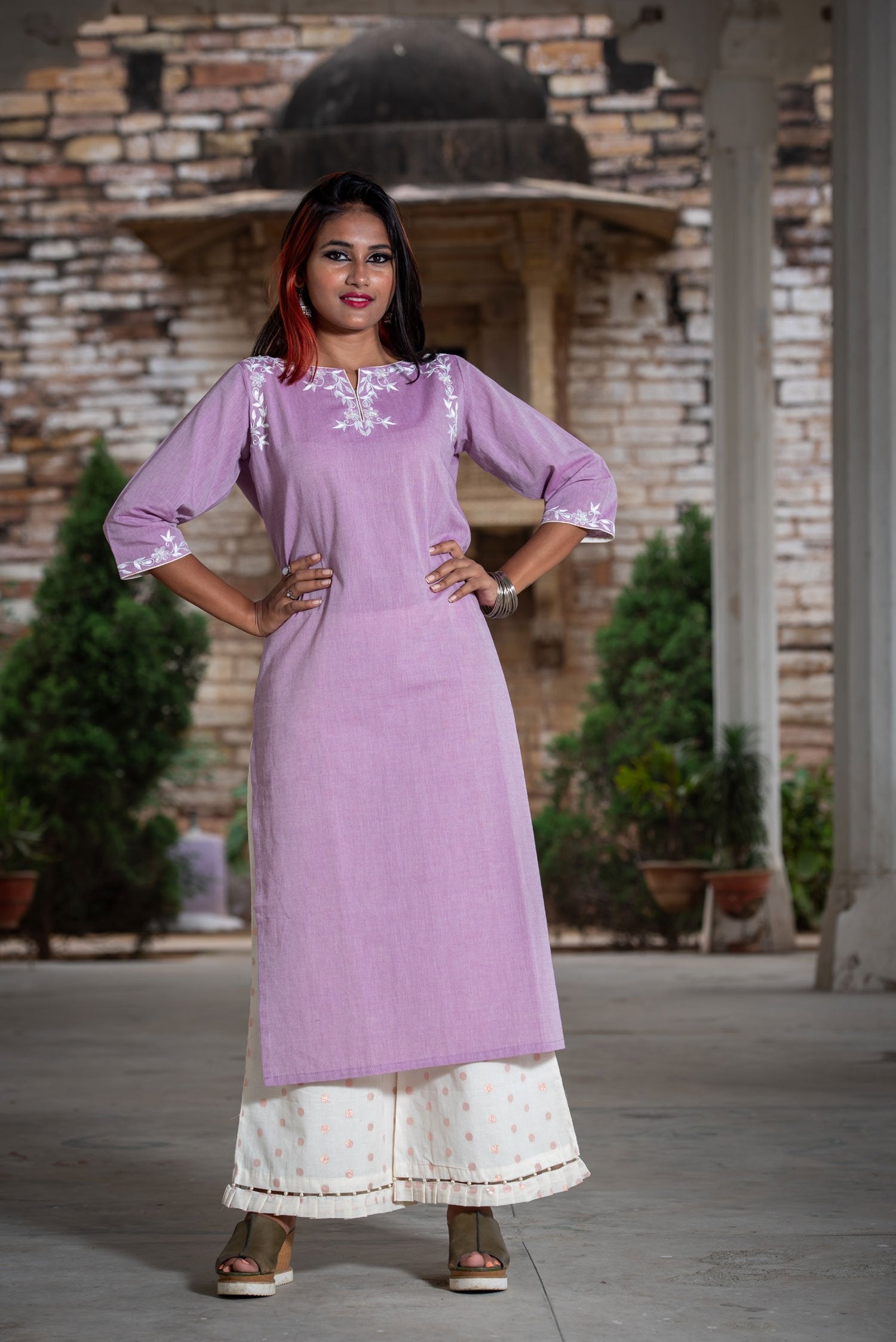 Off White And Irris Color Cotton Suit Set Designer - Wisteria - Naksheband