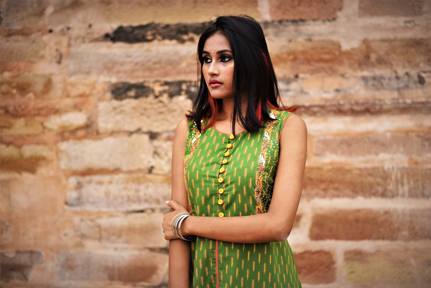 Green and Peach Color Cotton Suit Set Designer - Flowra - Naksheband