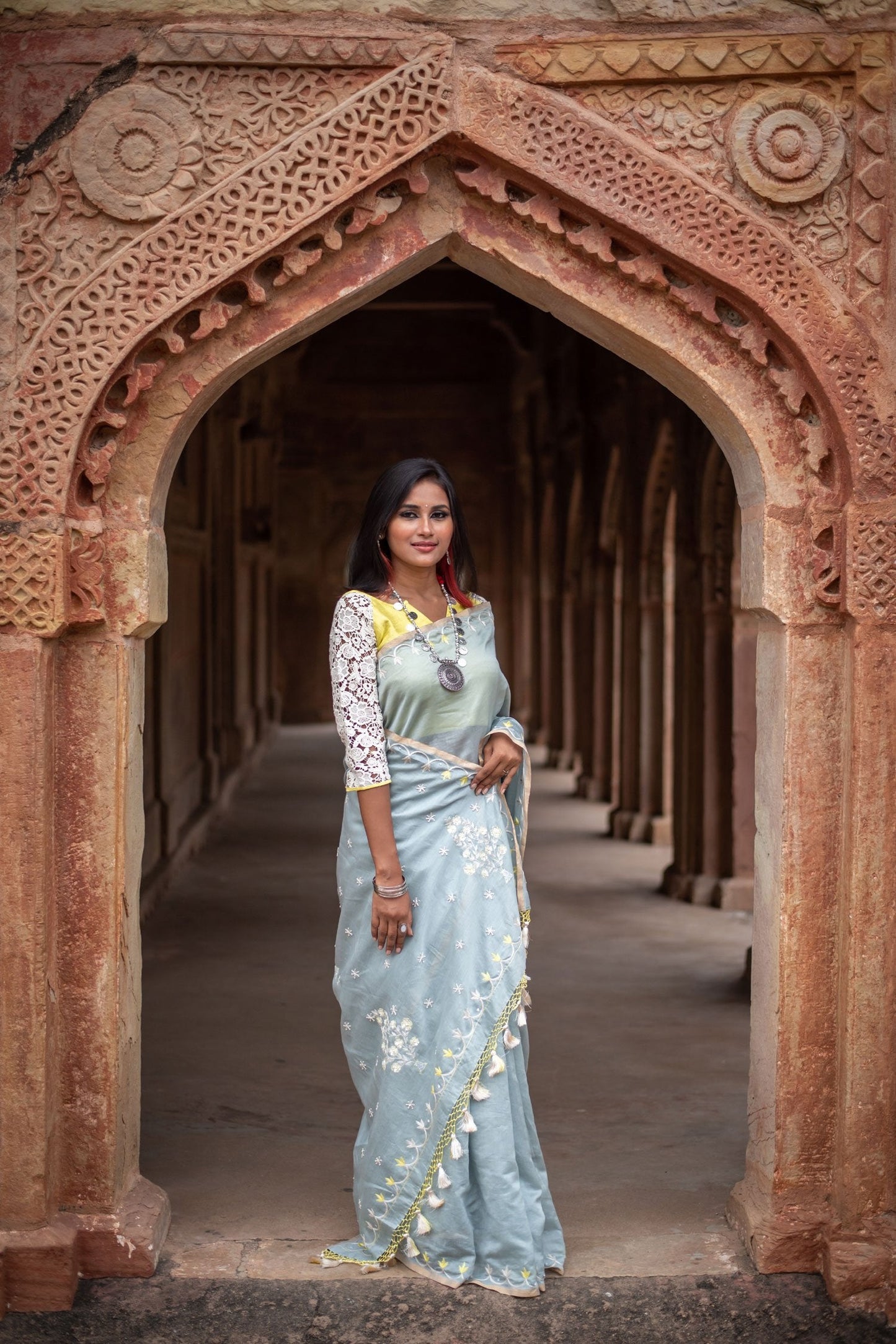 Grey Color Designer Pure Silk Chanderi Saree - SunnySide - Naksheband
