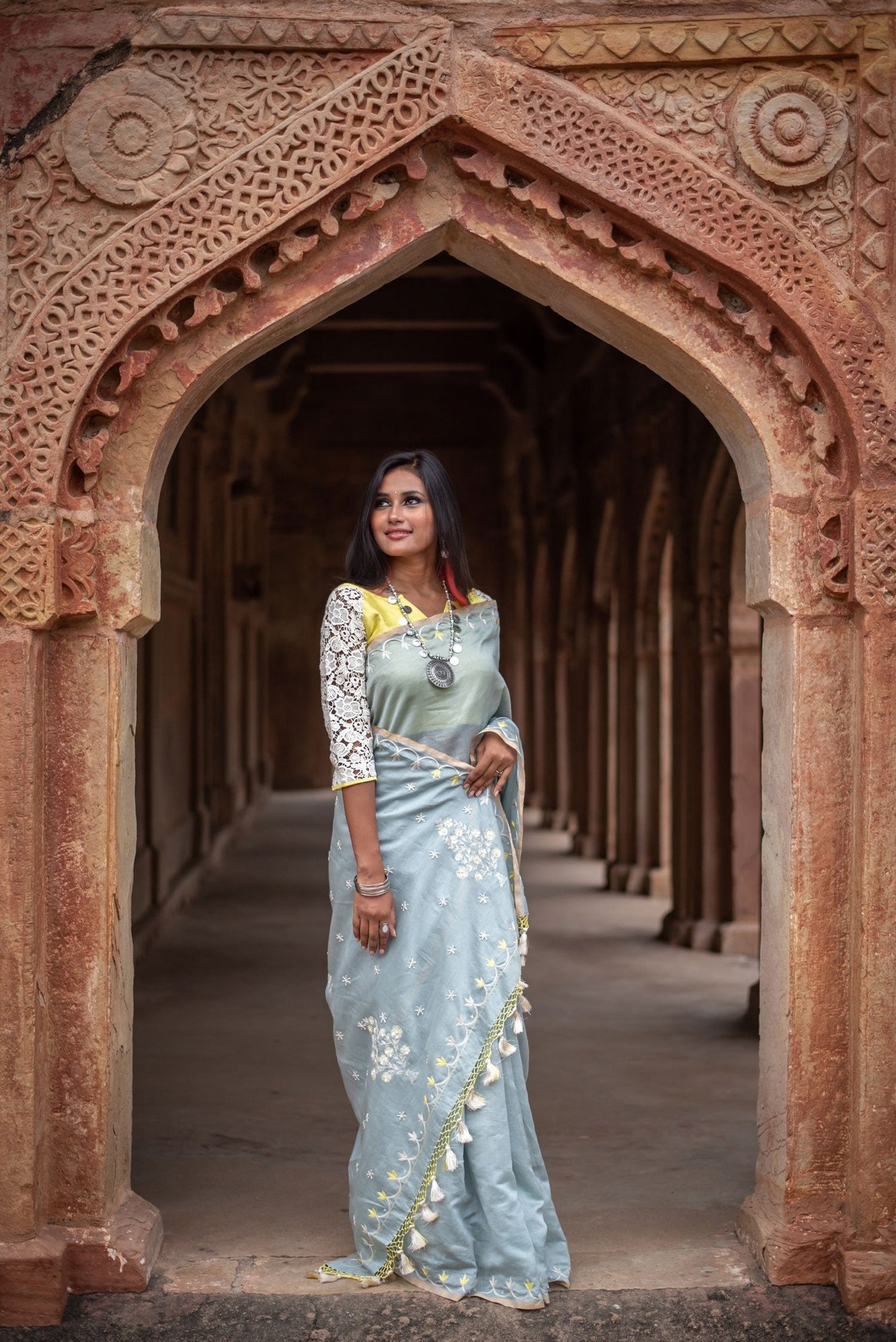 Grey Color Designer Pure Silk Chanderi Saree - SunnySide - Naksheband