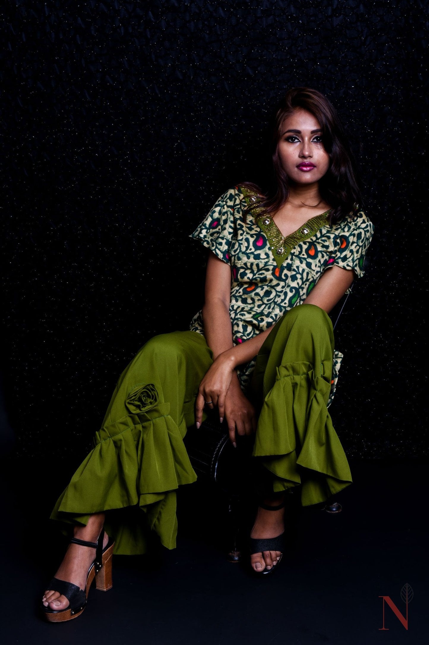 Olive Color With Prints Indowestern Designer Plazzo Top Set - Olive Drab - Naksheband