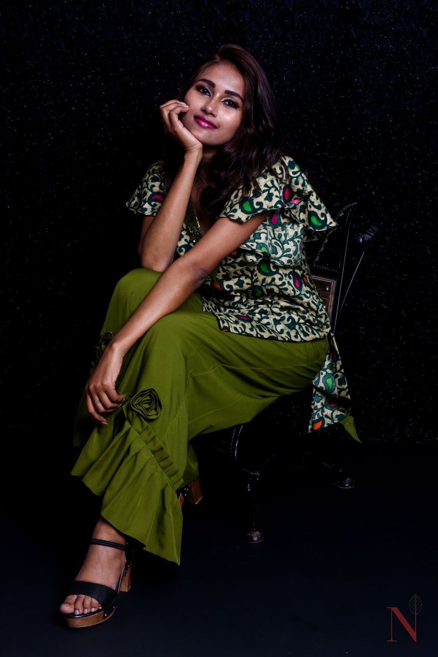 Olive Color With Prints Indowestern Designer Plazzo Top Set - Olive Drab - Naksheband