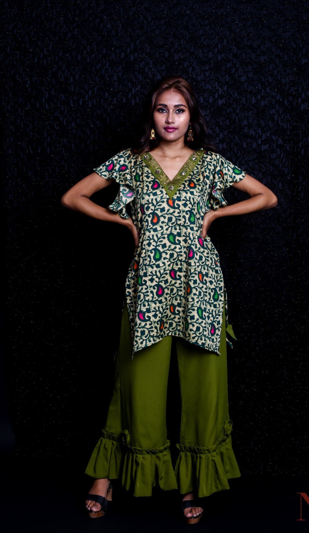 Olive Color With Prints Indowestern Designer Plazzo Top Set - Olive Drab - Naksheband