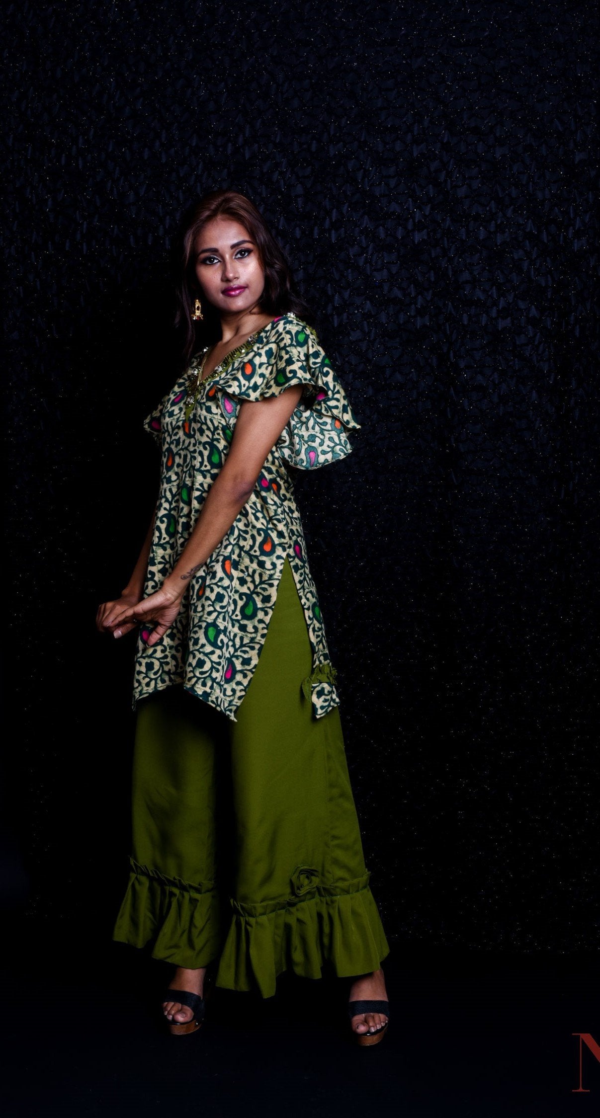 Olive Color With Prints Indowestern Designer Plazzo Top Set - Olive Drab - Naksheband