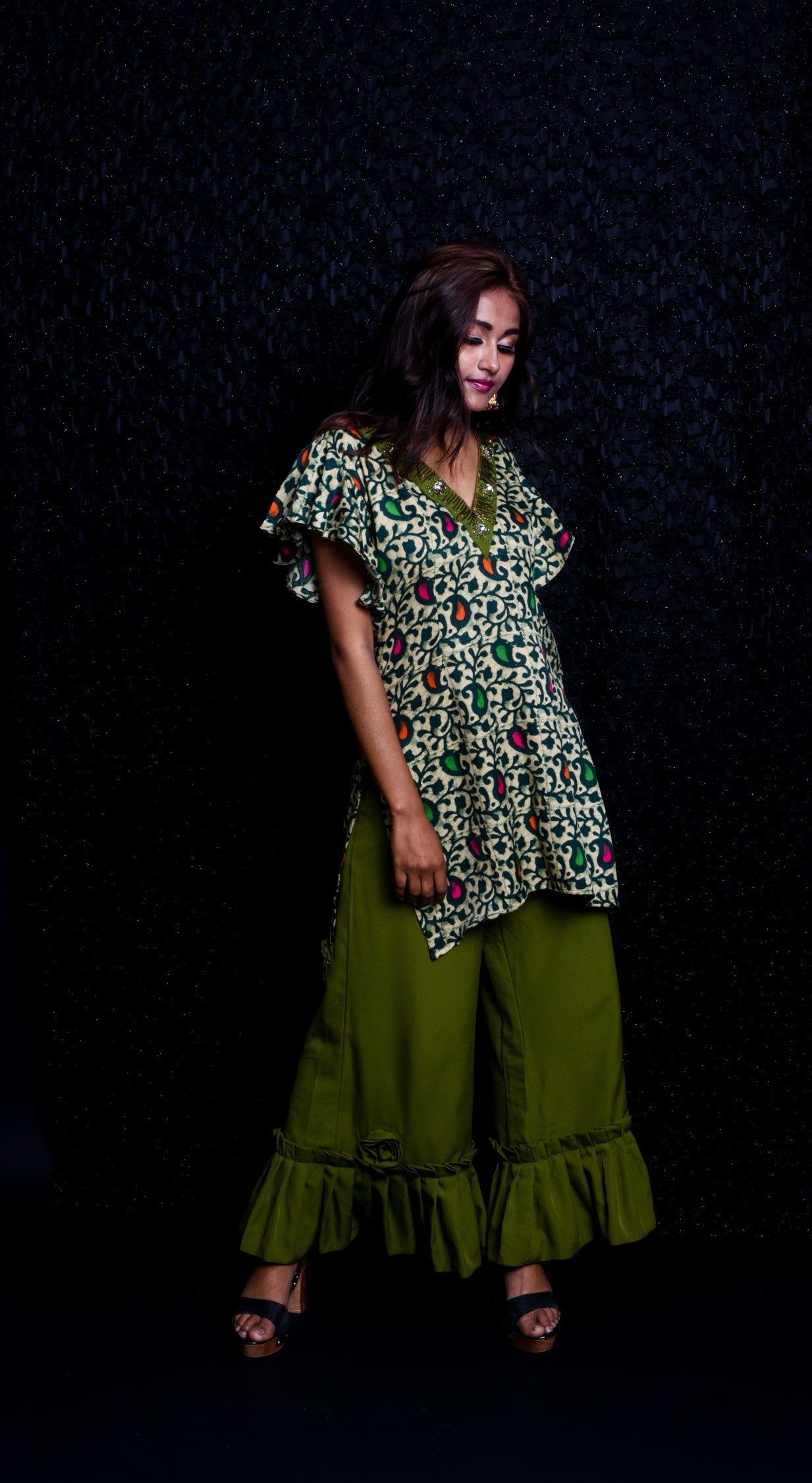 Olive Color With Prints Indowestern Designer Plazzo Top Set - Olive Drab - Naksheband
