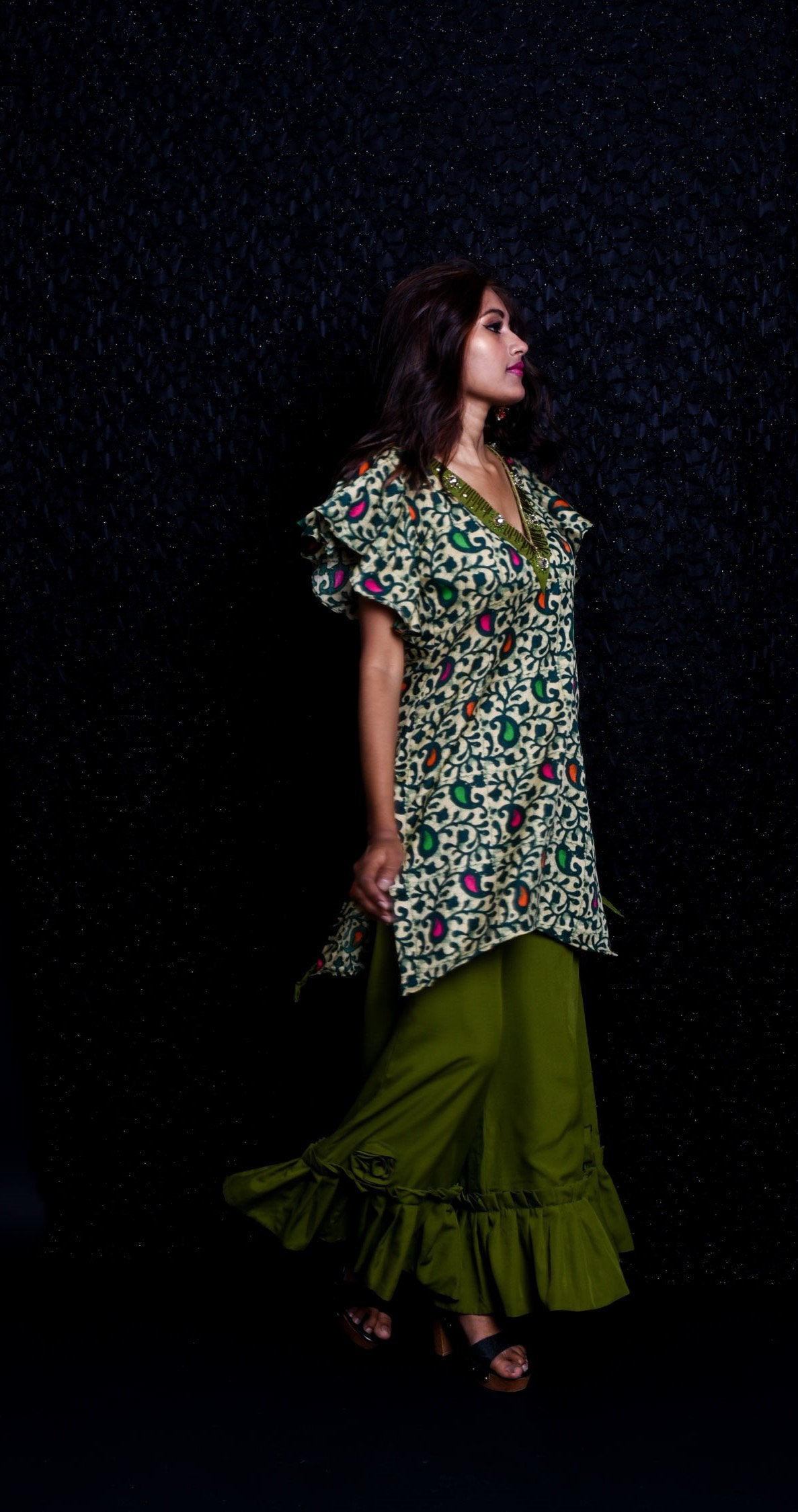 Olive Color With Prints Indowestern Designer Plazzo Top Set - Olive Drab - Naksheband