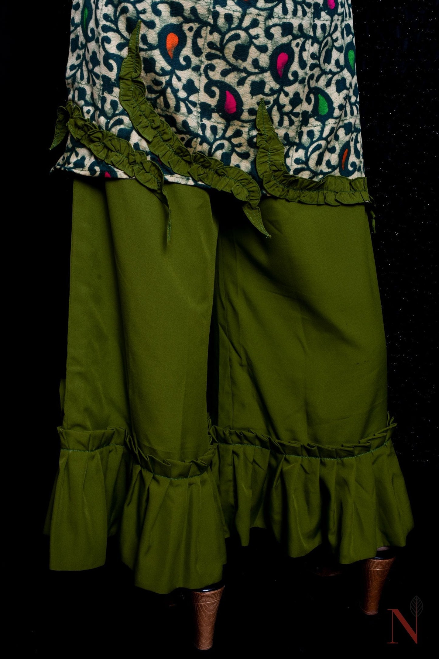 Olive Color With Prints Indowestern Designer Plazzo Top Set - Olive Drab - Naksheband