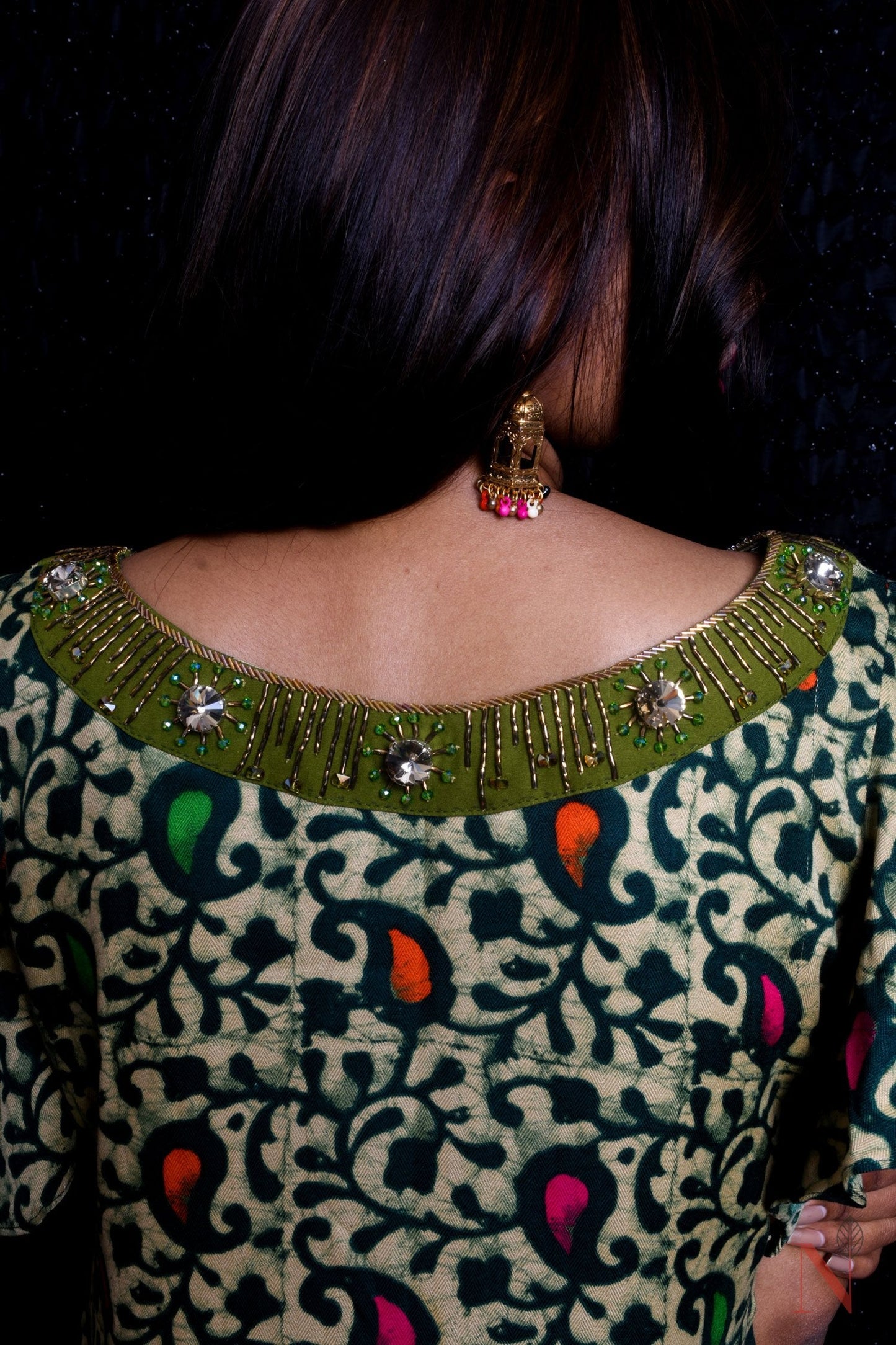 Olive Color With Prints Indowestern Designer Plazzo Top Set - Olive Drab - Naksheband