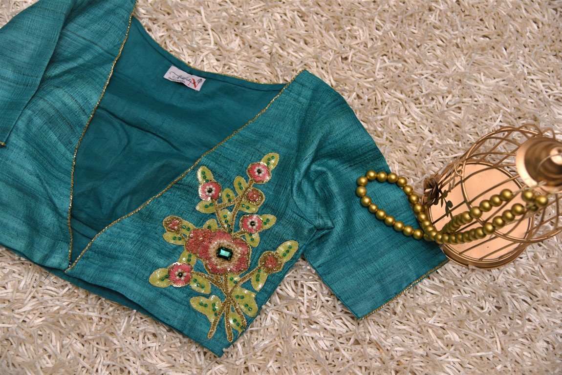 Turquoise Green Color Tusser Silk Embroidered designer Blouse - Turquoise - Naksheband