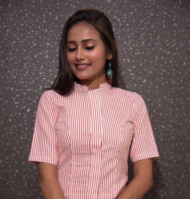 White Color Designer Pure Cotton Blouse - Bold Red Stripes - Naksheband