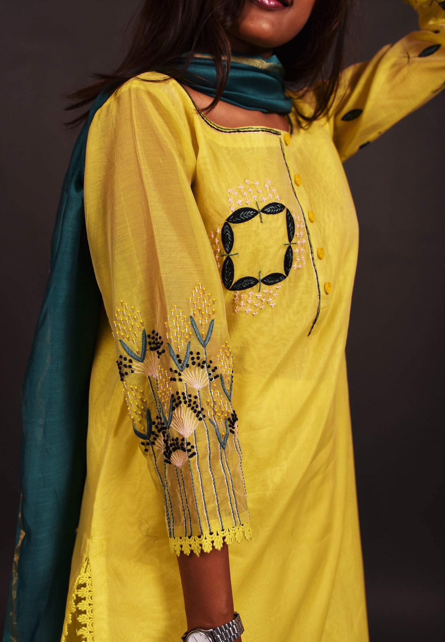 Pure Chanderi Silk Suit Set Embroidery - Calla - Naksheband