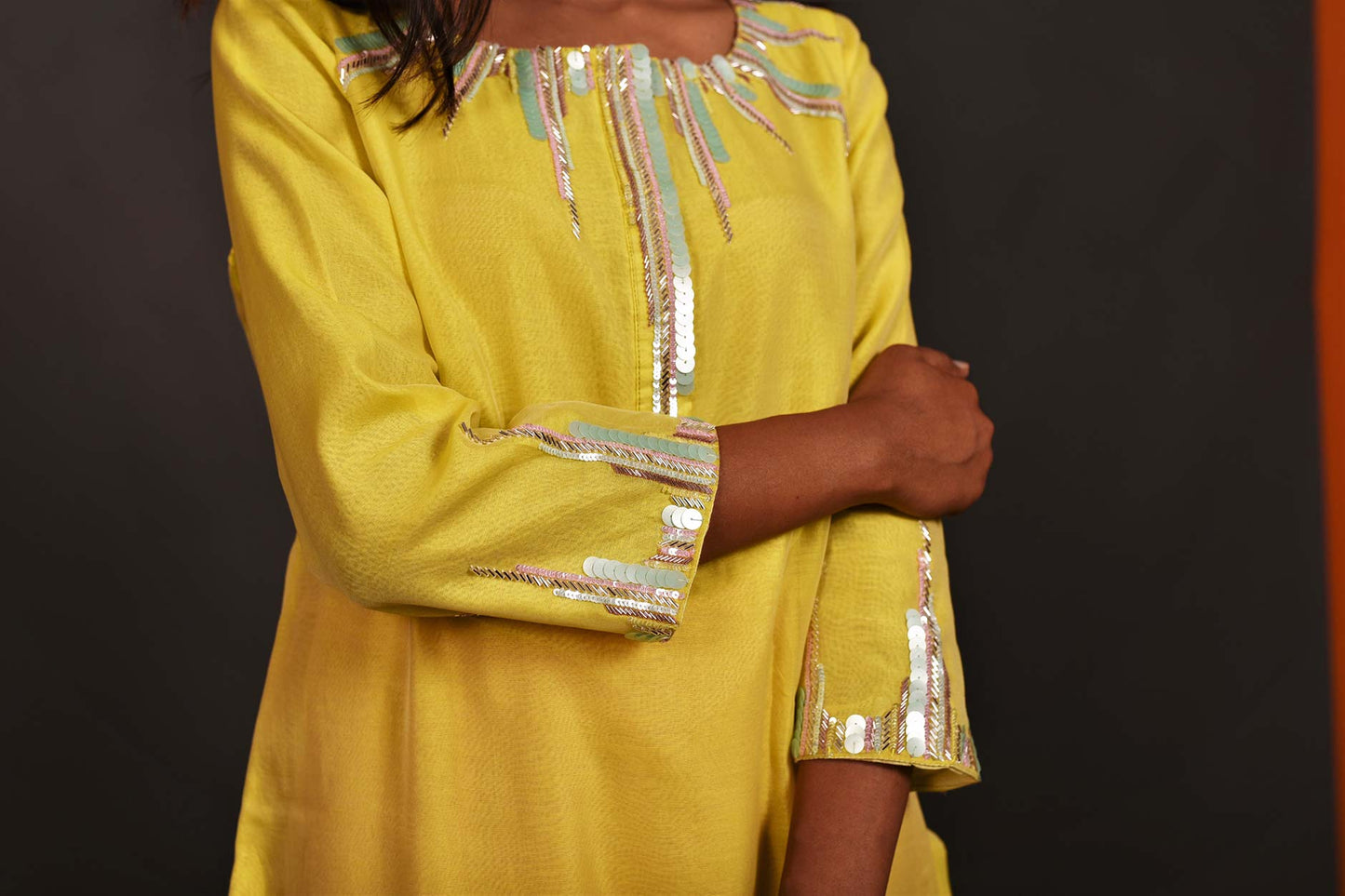 Lemon And Peach Pink Color Pure Silk Chanderi Suit Set Embroidery - Dasy Outlook - Naksheband