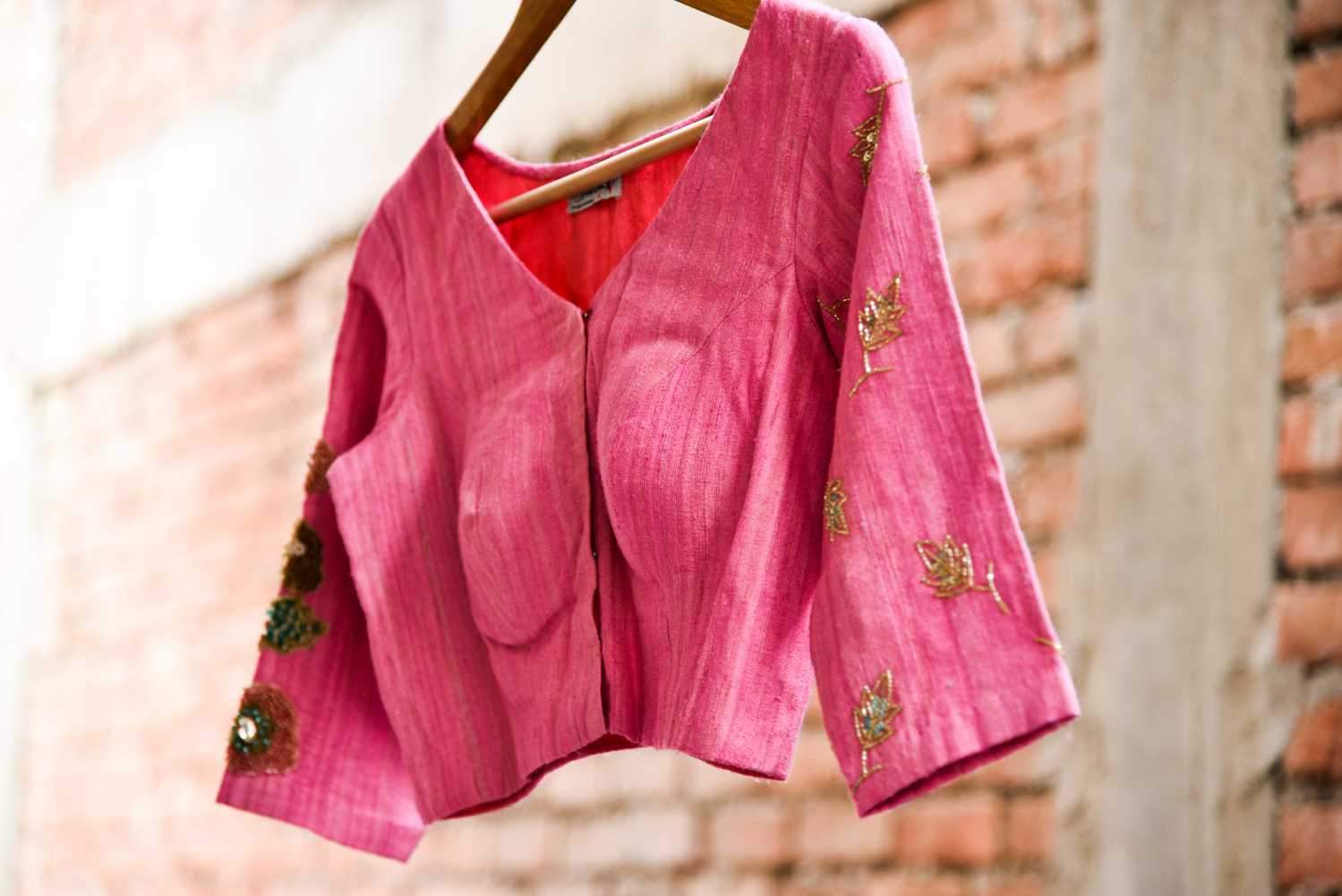Pink Color Raw Silk Designer Embroidery Blouse - Luscious Pink - Naksheband