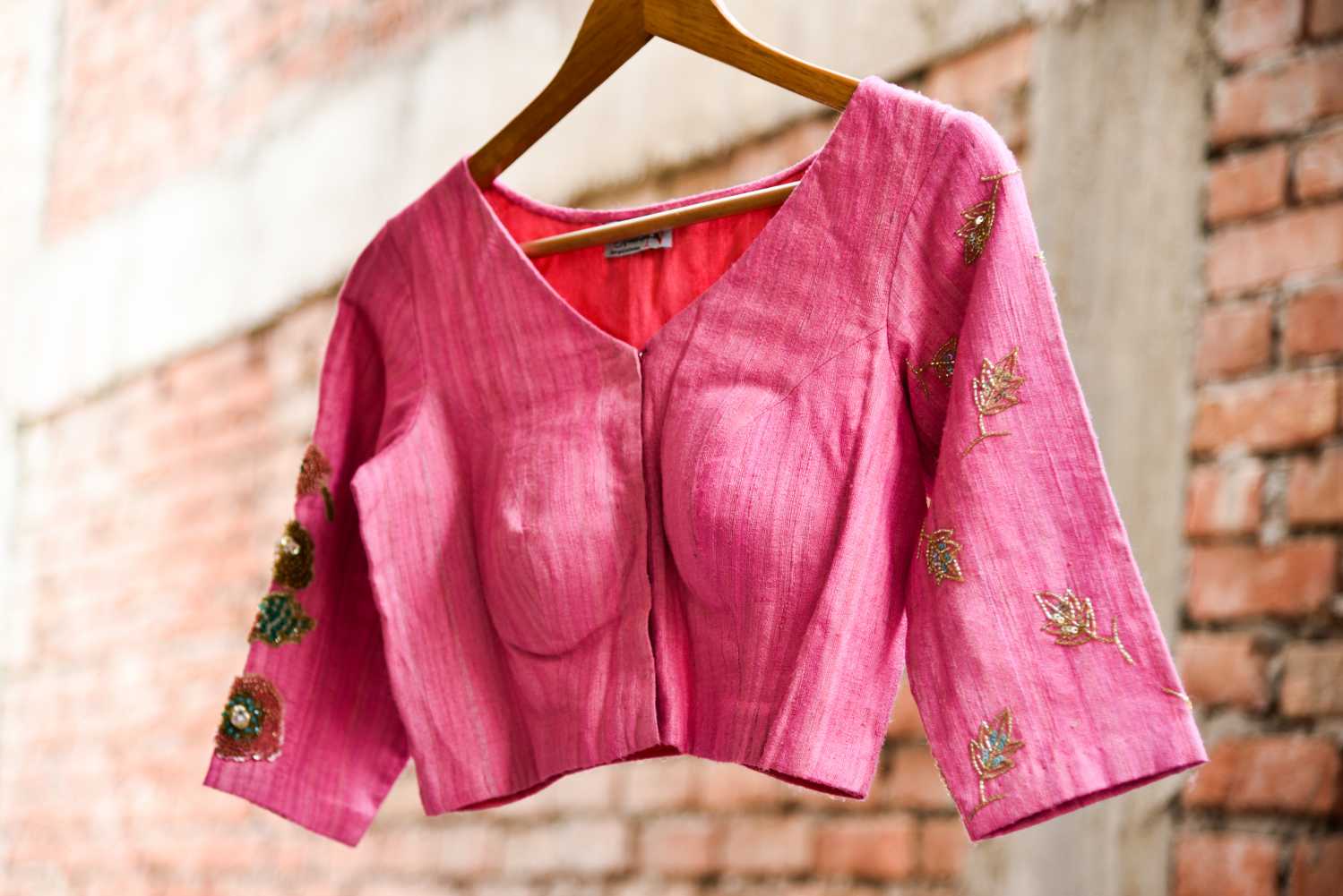 Pink Color Raw Silk Designer Embroidery Blouse - Luscious Pink - Naksheband
