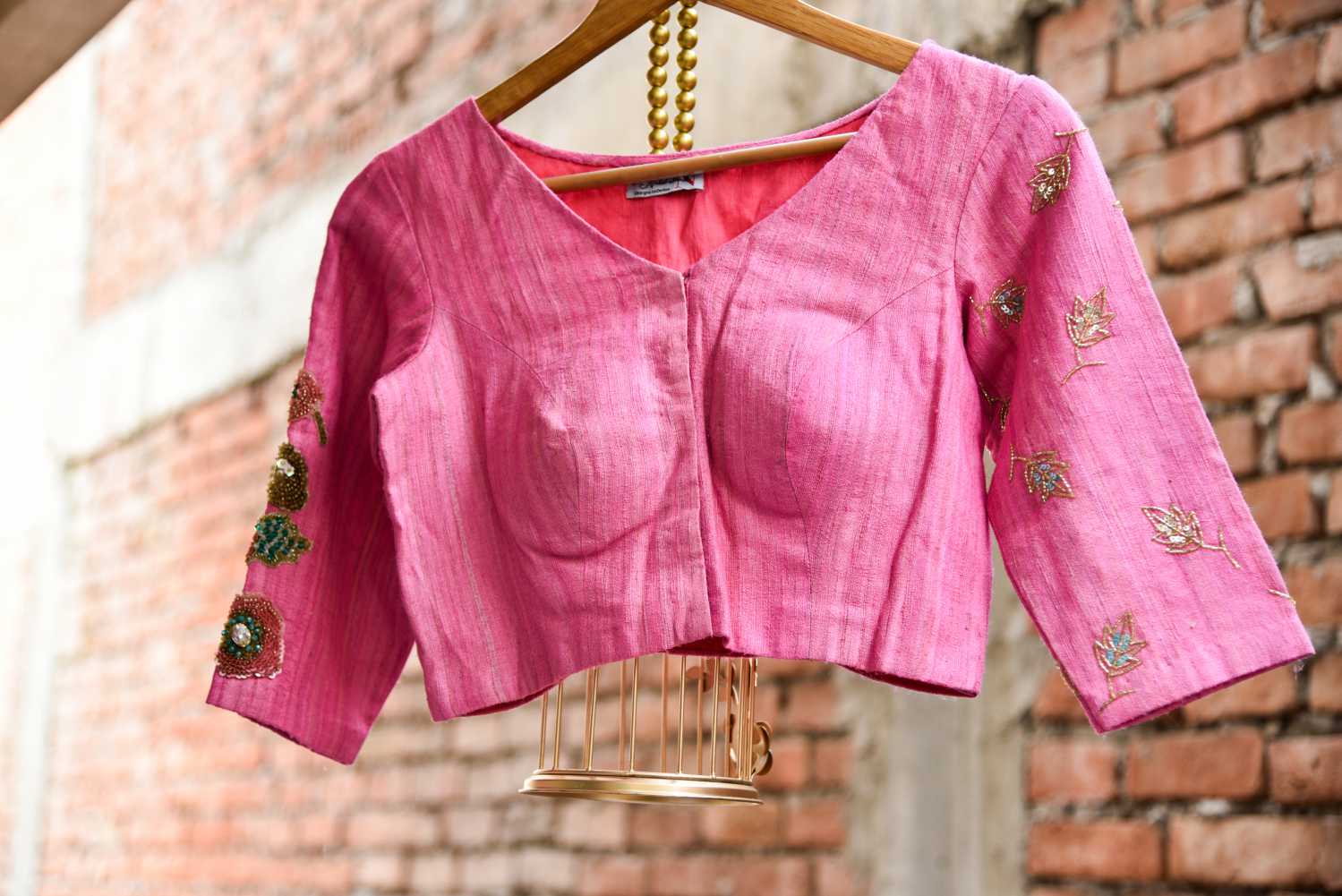 Pink Color Raw Silk Designer Embroidery Blouse - Luscious Pink - Naksheband