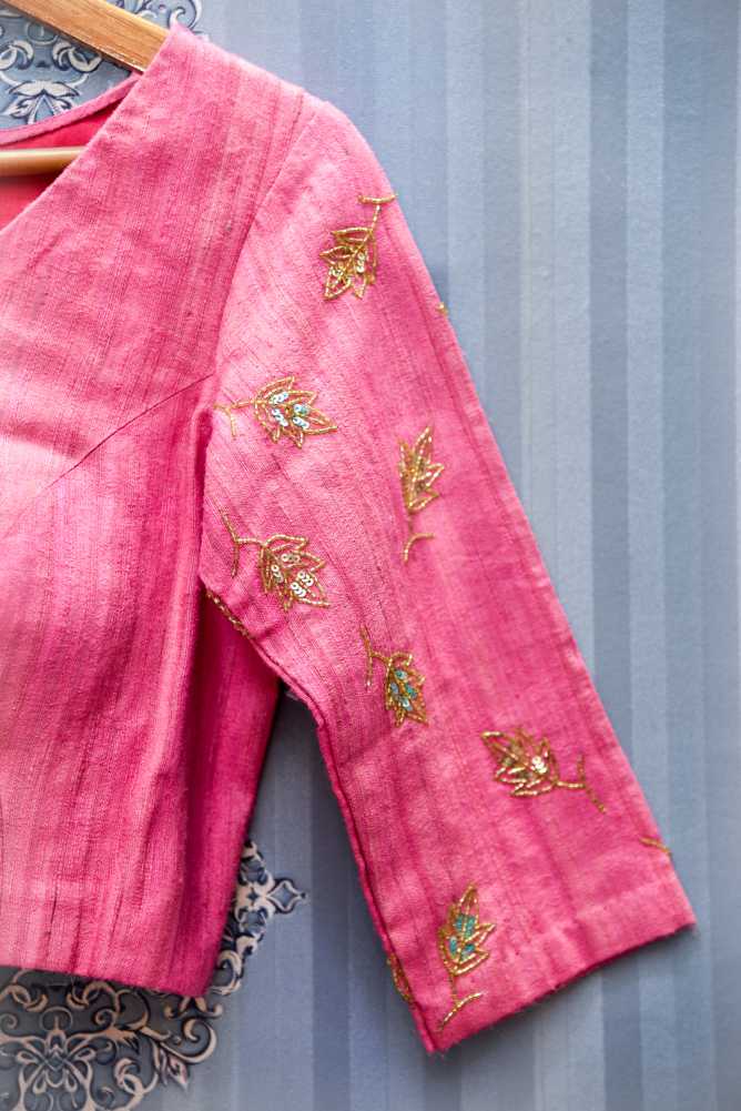 Raw Silk Designer Embroidery Blouse - Luscious Pink - Naksheband