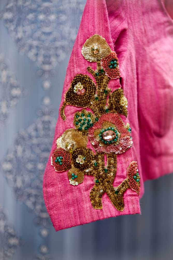 Pink Color Raw Silk Designer Embroidery Blouse - Luscious Pink - Naksheband