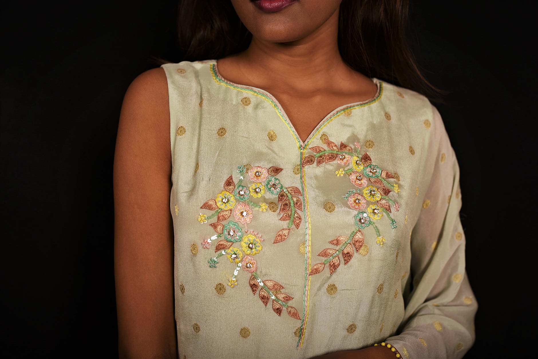 Pista Green And Yellow Color Teared Garara Georgette Set - Yarrow - Naksheband