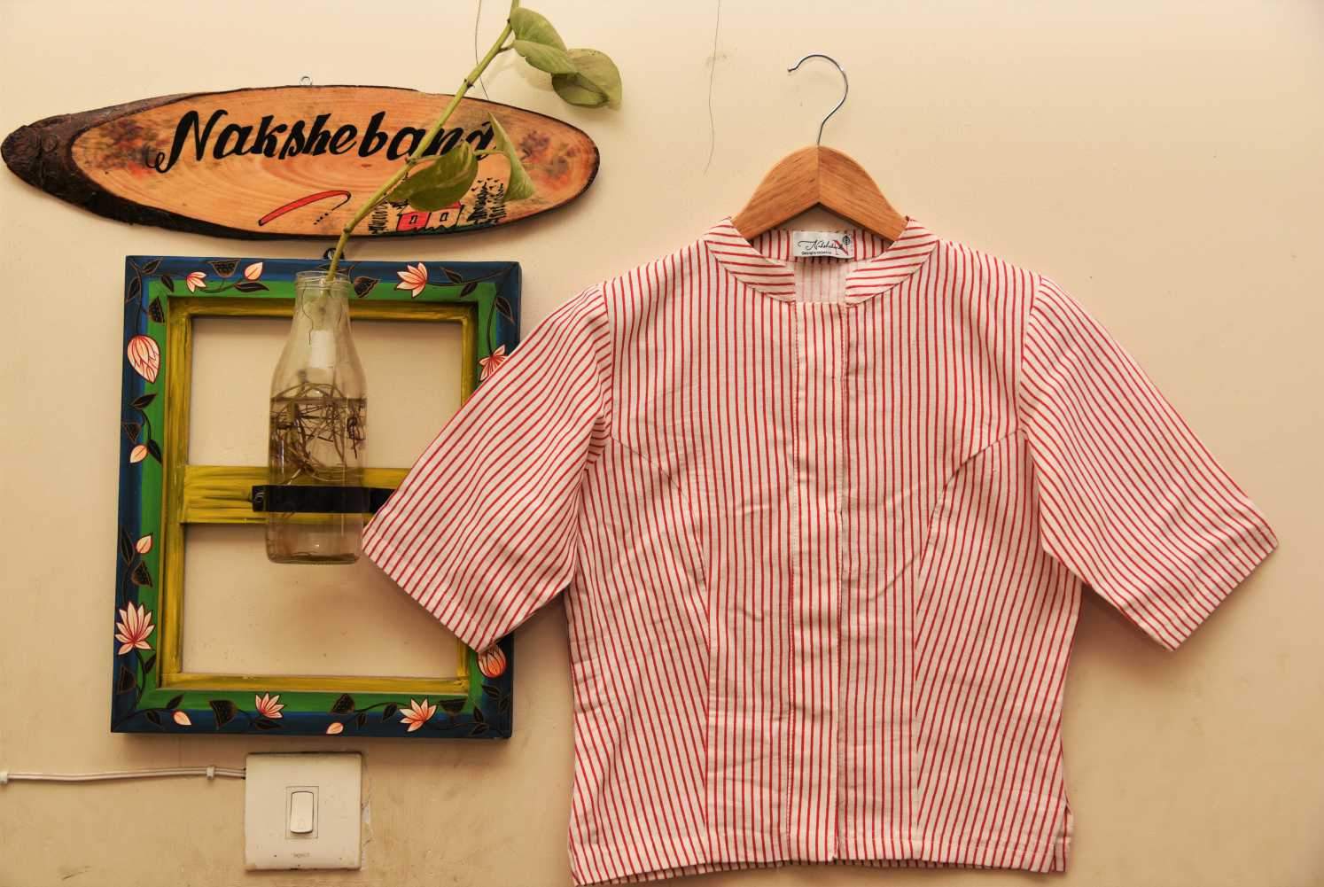 White Color Designer Pure Cotton Blouse - Bold Red Stripes - Naksheband