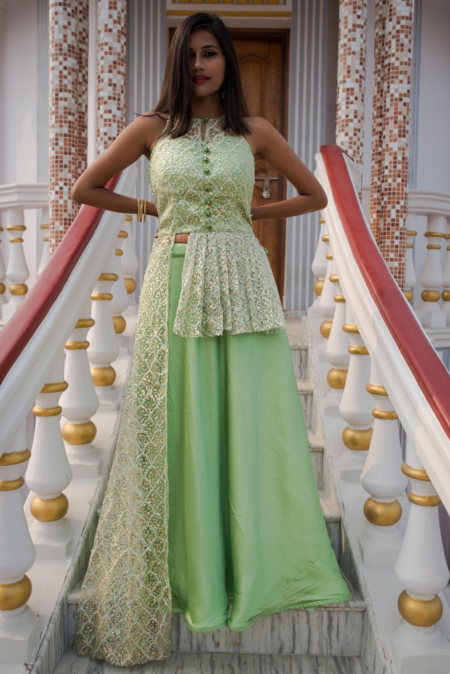 Kelly Green Color Indowestern Designer Skirt Set - Glitter - Naksheband