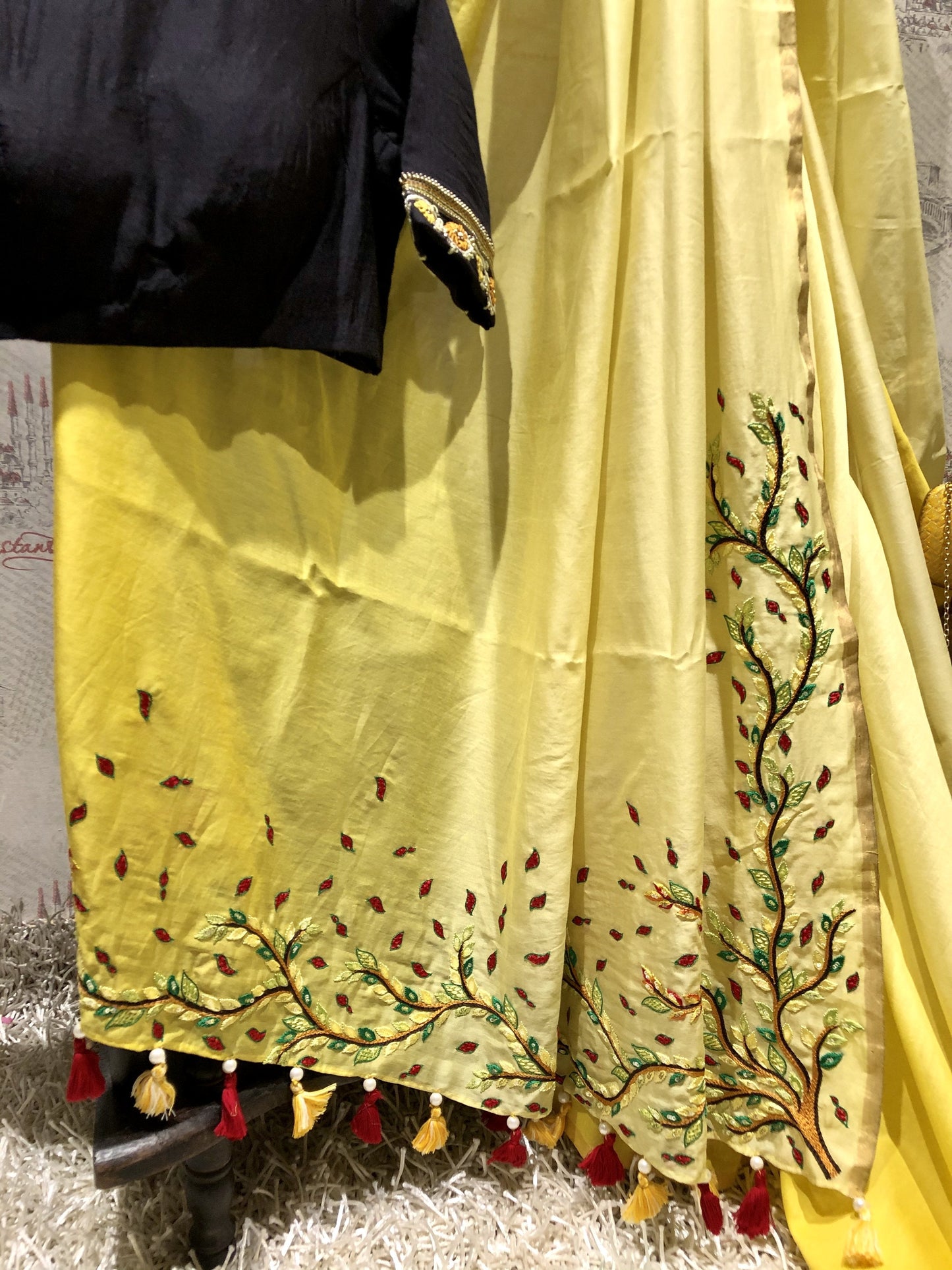 Lemon Yellow Designer Pure Silk Chanderi Saree - Black Susan - Naksheband