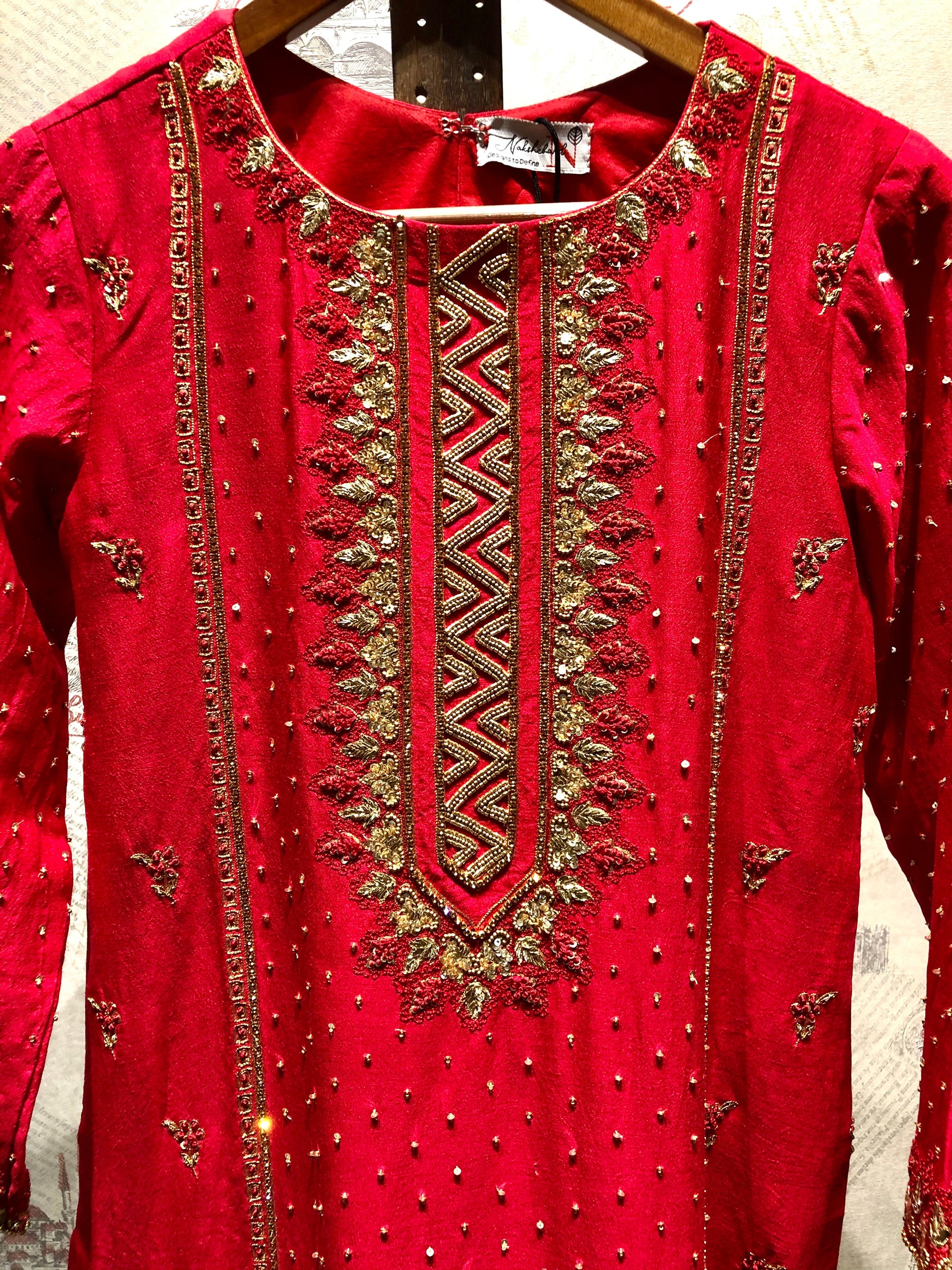 Pure Red Color Pure Muga Silk Suit Set Hand Embroidery - Red Anemone - Naksheband
