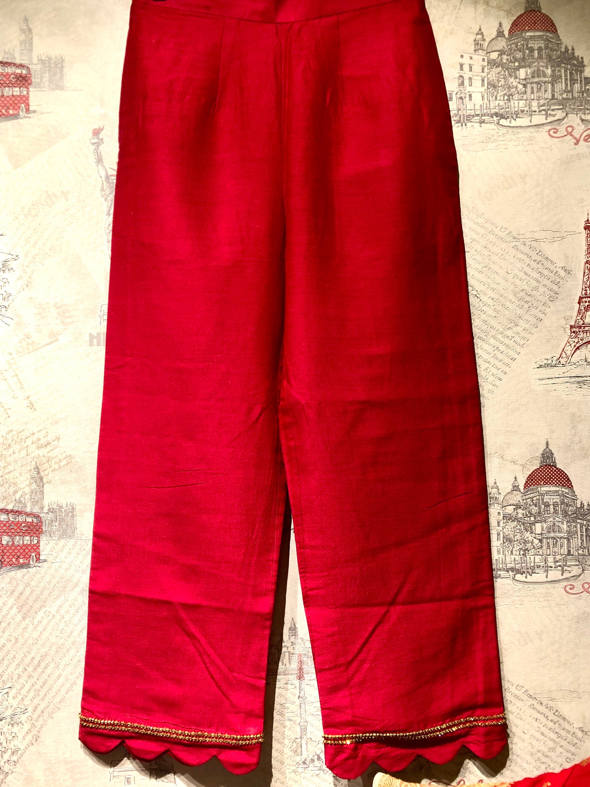 Pure Red Color Pure Muga Silk Suit Set Hand Embroidery - Red Anemone - Naksheband