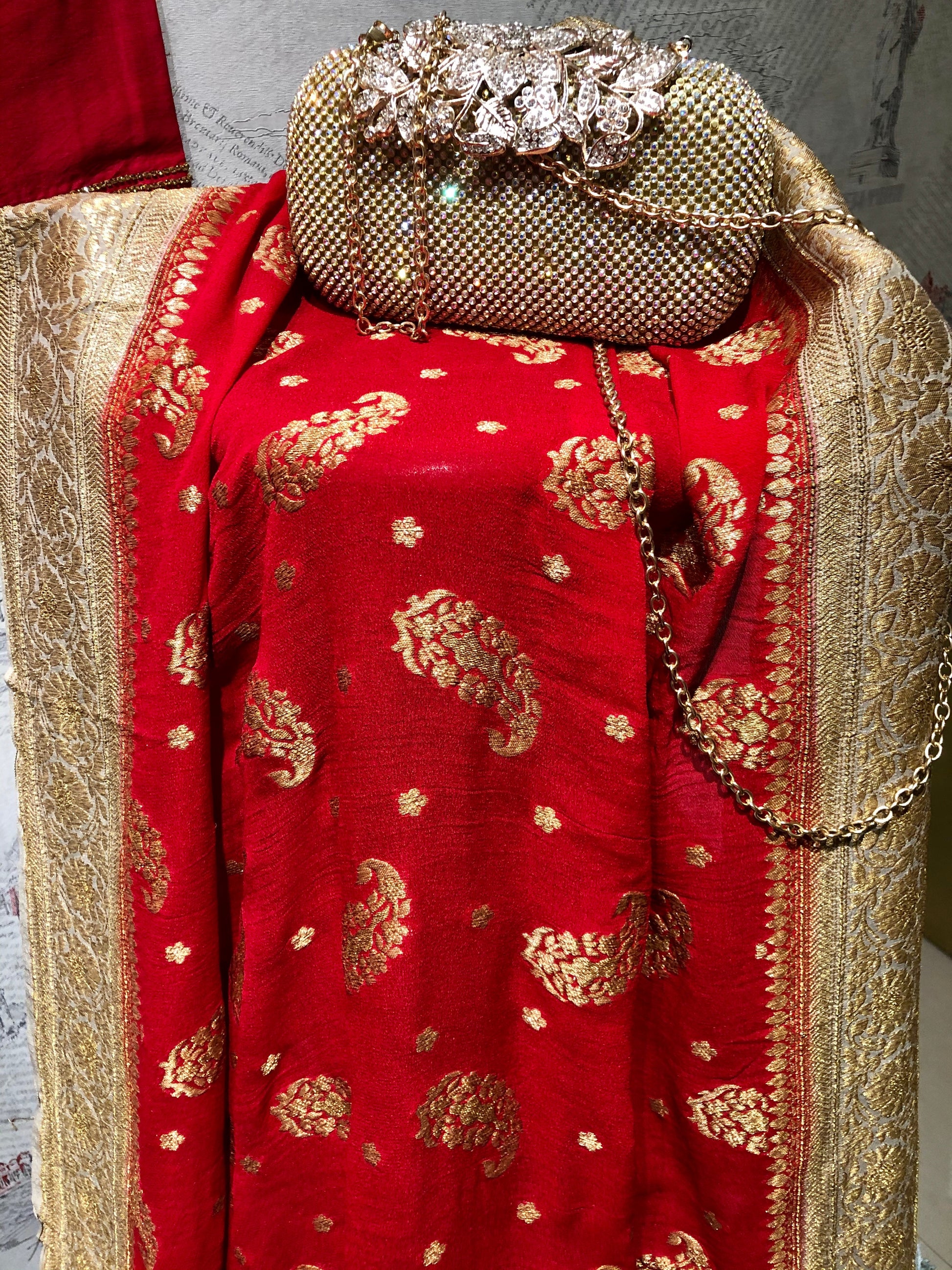 Pure Red Color Pure Muga Silk Suit Set Hand Embroidery - Red Anemone - Naksheband