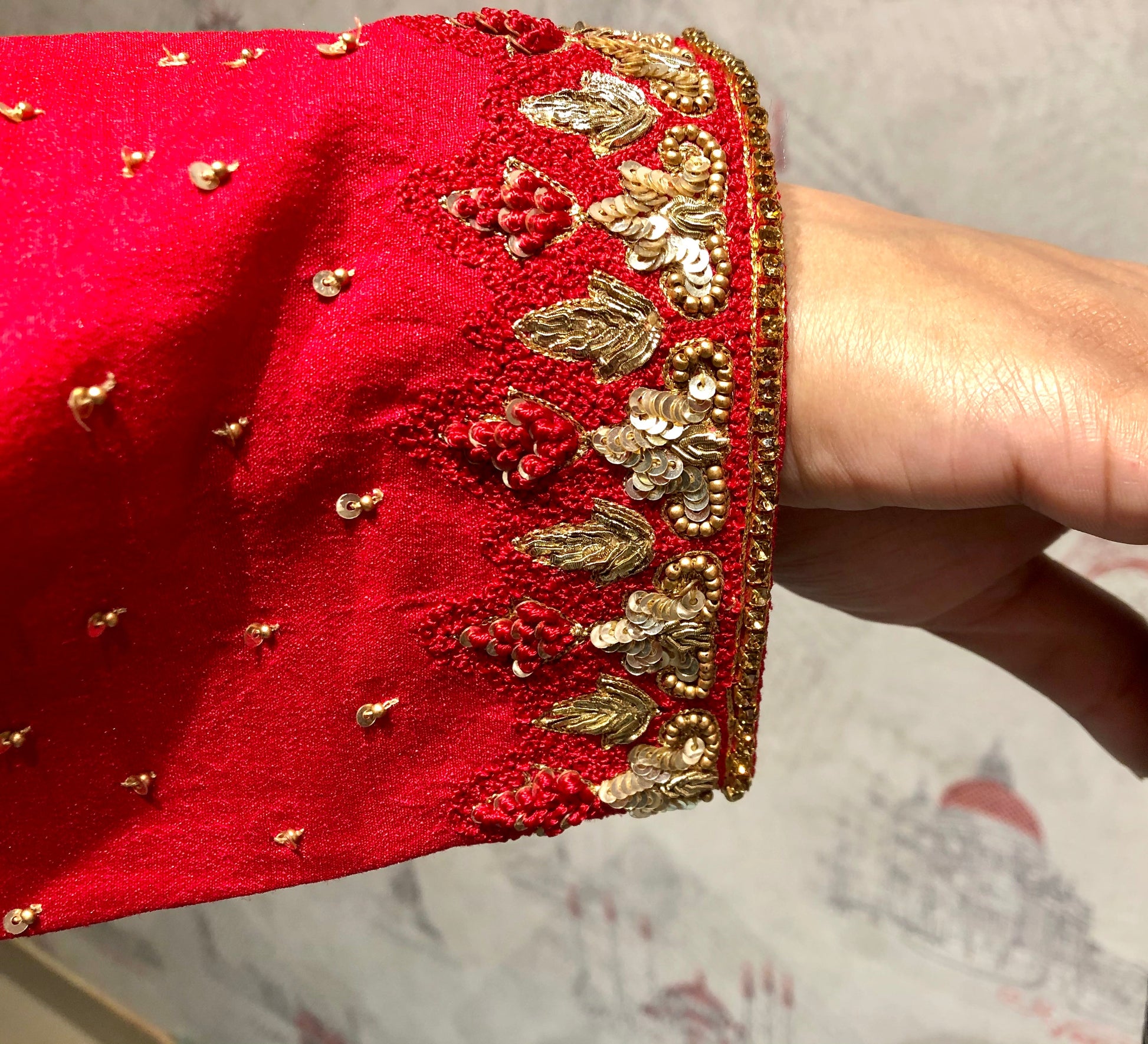 Pure Red Color Pure Muga Silk Suit Set Hand Embroidery - Red Anemone - Naksheband