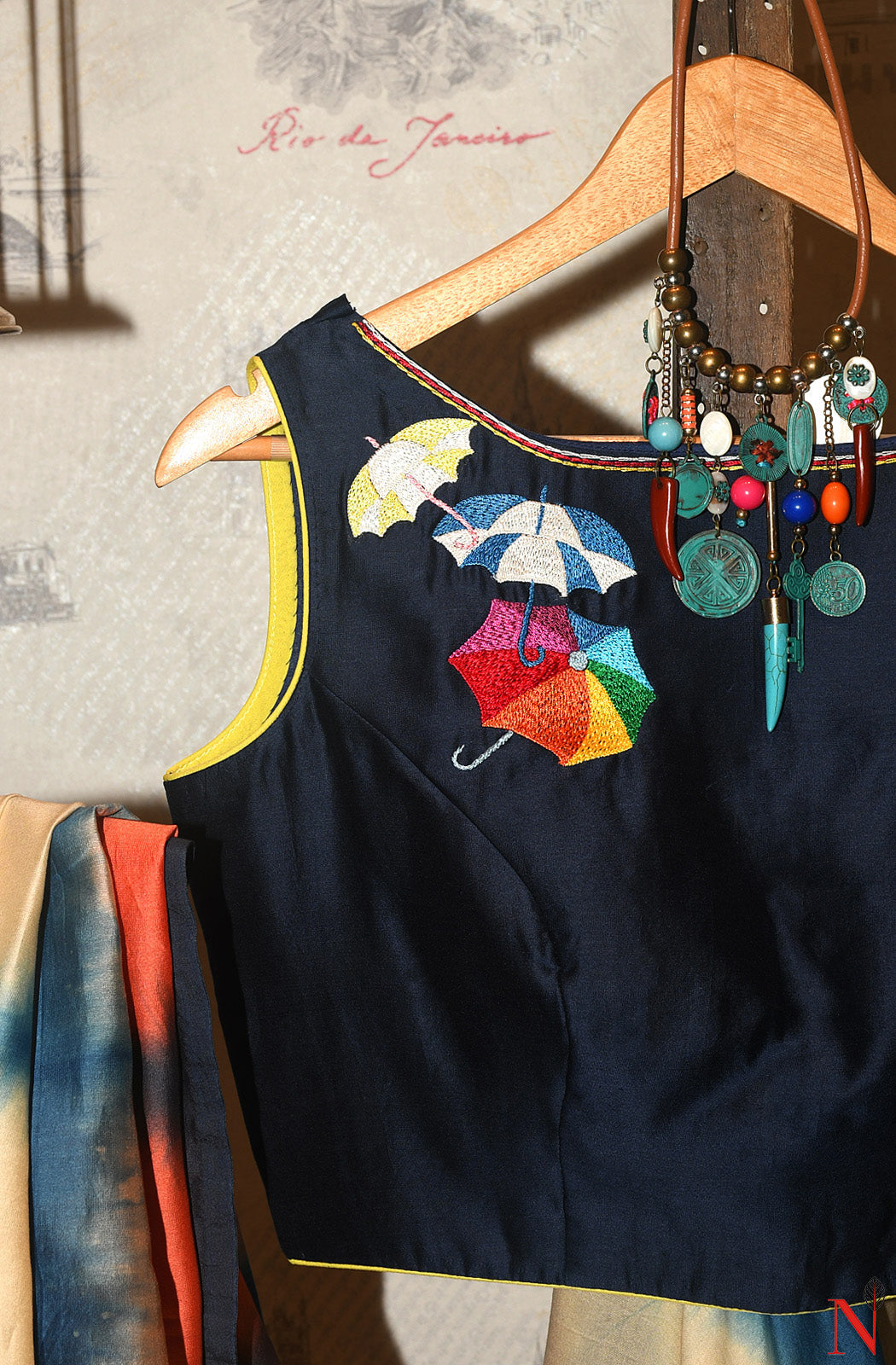 Navy Blue Pure Silk Chanderi Hand Embroidered Designer Blouse - Naksheband