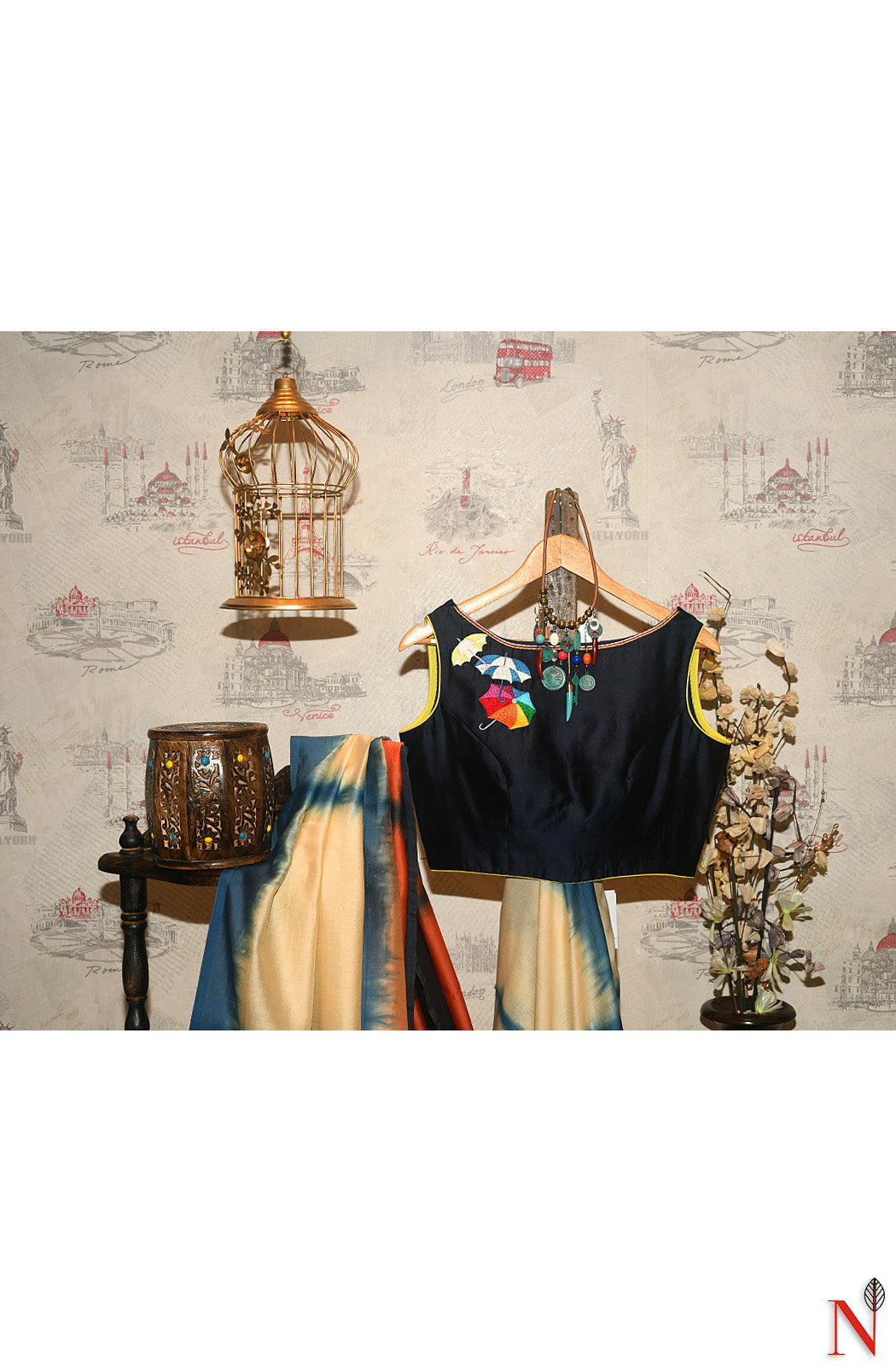 Navy Blue Pure Silk Chanderi Hand Embroidered Designer Blouse - Naksheband