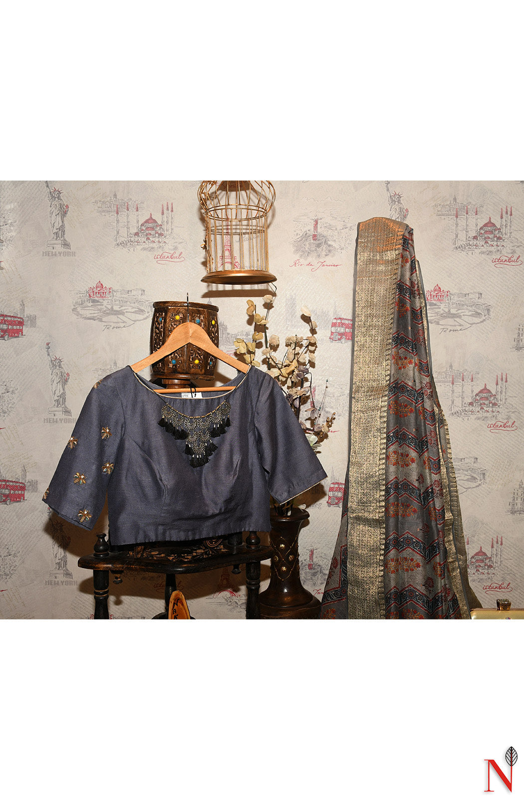 Steel Grey Pure Moonga Hand Embroidered Designer Blouse - Naksheband
